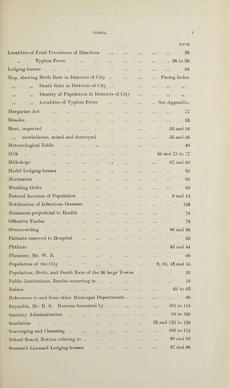 PAGE Localities of Fatal Prevalence of Diarrhoea 39 ,, Typhus Fever .. .. 26 to 29 Lodging-houses 84 Map, shewing Birth Rate in Districts of City .. .. Facing Index ,, ,, Death Rate in Districts of City .. • • 55 55 ,, ,, Density of Population in Districts of City • • 55 5) ,, ,, Localities of Typhus Fever .. See Appendix. Margarine Act r* >“• . . . . /1 Measles 33 Meat, imported 53 and 54 ,, unwholsome, seized and destroyed .. 55 and 56 Meteorological Table 48 Milk. 65 and 75 to 77 Milkshops .. 67 and 68 Model Lodging-houses 85 Mortuaries 95 Muzzling Order . . •. 62 Natural Increase of Population .. .9 and 14 Notification of Infectious Diseases 129 Nuisances prejudicial to Health .. 78 Offensive Trades 79 Overcrowding . 86 and 89 Patients removed to Hospital 93 Phthisis .. 43 and 44 Plummer, Mr. W. E. 48 Population of the City 9, 10, 13 and 15 Population, Birth, and Death Rate of the 36 large Towns 20 Public Institutions, Deaths occurring in.. 18 Rabies .. 61 to 63 References to and from other Municipal Departments.. 80 Reynolds, Mr. R. S. Returns furnished by. .. 102 to 115 Sanitary Administration 50 to 100 Scarlatina 32 and 132 to 139 .Scavenging and Cleansing .. 102 to 115 School Board, Notices relating to .. 80 and 93 Seamen's Licensed Lodging-houses .. 87 and 88