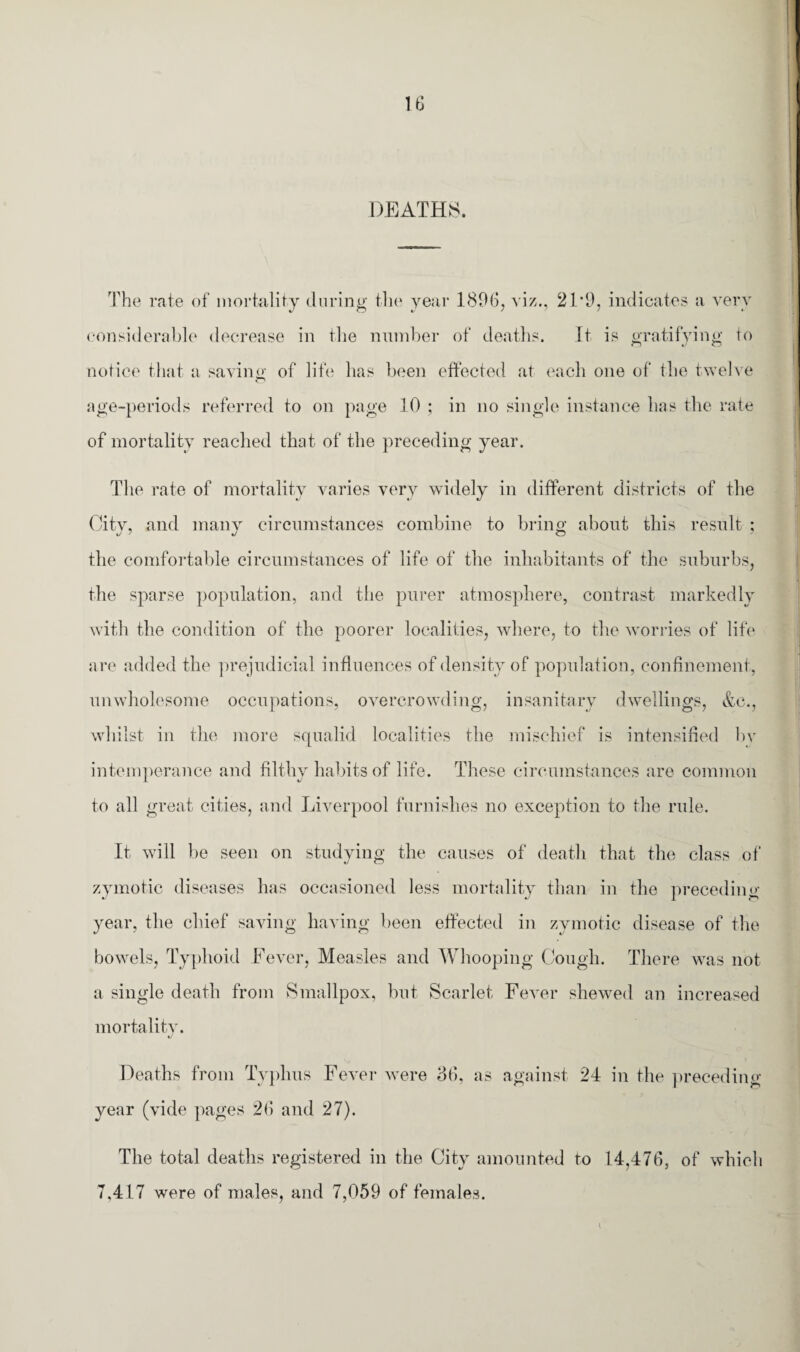 DEATHS. The rate of mortality during the year 1896, viz., 21*9, indicates a very considerable decrease in the number of deaths. It is gratifying to notice that a saving of life lias been effected at each one of the twelve age-periods referred to on page 10 ; in no single instance has the rate of mortality reached that of the preceding year. The rate of mortality varies very widely in different districts of the City, and many circumstances combine to bring about this result ; the comfortable circumstances of life of the inhabitants of the suburbs, the sparse population, and the purer atmosphere, contrast markedly with the condition of the poorer localities, where, to the worries of life are added the prejudicial influences of density of population, confinement, unwholesome occupations, overcrowding, insanitary dwellings, &c., whilst in the more squalid localities the mischief is intensified by intemperance and filthy habits of life. These circumstances are common to all great cities, and Liverpool furnishes no exception to the rule. It will be seen on studying the causes of death that the class of zymotic diseases has occasioned less mortality than in the preceding year, the chief saving having been effected in zymotic disease of the bowels, Typhoid Fever, Measles and Whooping Cough. There was not a single death from Smallpox, but Scarlet Fever shewed an increased mortality. Deaths from Typhus Fever were 36, as against 24 in the preceding year (vide pages 26 and 27). The total deaths registered in the City amounted to 14,476, of which 7.417 were of males, and 7,059 of females.