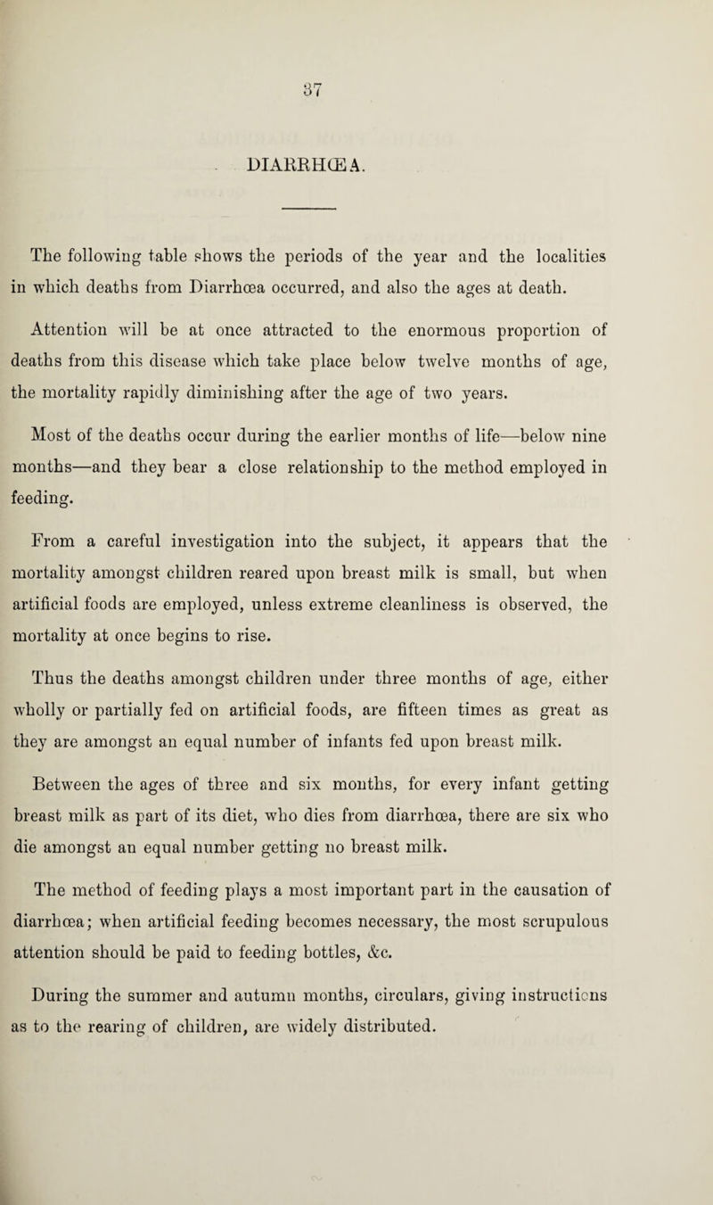 DIARRHCEA. The following table shows the periods of the year and the localities in which deaths from Diarrhoea occurred, and also the ages at death. Attention will be at once attracted to the enormous proportion of deaths from this disease which take place below twelve months of age, the mortality rapidly diminishing after the age of two years. Most of the deaths occur during the earlier months of life—below nine months—and they bear a close relationship to the method employed in feeding. From a careful investigation into the subject, it appears that the mortality amongst children reared upon breast milk is small, but when artificial foods are employed, unless extreme cleanliness is observed, the mortality at once begins to rise. Thus the deaths amongst children under three months of age, either wholly or partially fed on artificial foods, are fifteen times as great as they are amongst an equal number of infants fed upon breast milk. Between the ages of three and six months, for every infant getting breast milk as part of its diet, who dies from diarrhoea, there are six who die amongst an equal number getting no breast milk. The method of feeding plays a most important part in the causation of diarrhoea; when artificial feeding becomes necessary, the most scrupulous attention should be paid to feeding bottles, &c. During the summer and autumn months, circulars, giving instructions as to the rearing of children, are widely distributed.