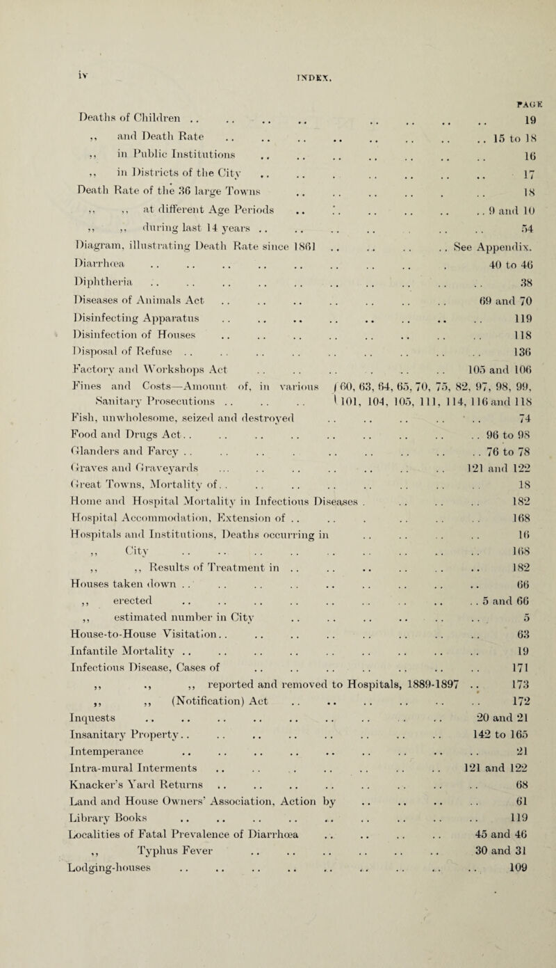 IV Deaths of Children .. ,, and Death Rate ,, in Public Institutions ,, in Districts of the City Death Rate of the 36 large Towns PAGE 19 .. 15 to 18 16 17 18 ,, ,, at different Age Periods ,, ,, during last 14 years .. Diagram, illustrating Death Rate since 1861 .. ..9 and 10 54 . . See Appendix. Diarrhoea Diphtheria Diseases of Animals Act Disinfecting Apparatus Disinfection of Houses Disposal of Refuse Factory and Workshops Act Fines and Costs—Amount of, in various | 60, 63, 64, 65, 70, 75, Sanitary Prosecutions .. .. .. 1101, 104, 105, 111, 1 Fish, unwholesome, seized and destroyed Food and Drugs Act.. danders and Farcy . . (Iraves and Graveyards Great Towns, Mortality of. . Rome and Hospital Mortality in Infectious Diseases . Hospital Accommodation, Extension of .. Hospitals and Institutions, Deaths occurring in 40 to 46 38 69 and 70 119 118 136 105 and 106 82, 97, 98, 99, 14, 116 and 118 74 .. 96 to 98 .. 76 to 78 121 and 122 18 182 168 16 ) ? CiG 168 ,, ,, Results of Treatment in .. Houses taken down . . ,, erected ,, estimated number in City House-to-House Visitation.. Infantile Mortality Infectious Disease, Cases of ,, ., ,, reported and removed to Hospitals, 1889-1897 ,, ,, (Notification) Act 182 66 5 and 66 5 63 19 171 173 172 Inquests Insanitary Property.. Intemperance Intra-mural Interments Knacker’s Yard Returns Land and House Owners’ Association, Action by Library Books Localities of Fatal Prevalence of Diarrhoea ,, Typhus Fever 20 and 21 142 to 165 21 121 and 122 68 61 119 45 and 46 30 and 31