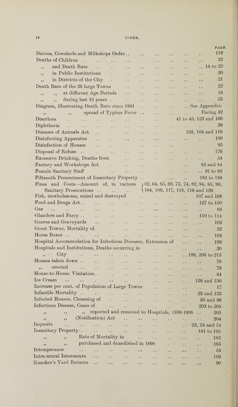 Dairies, Cowsheds and Milkshops Order. Deaths of Children .. ,, and Death Rate ,, in Public Institutions ,, in Districts of the City Death Rate of the 36 large Towns ,, ,, at different Age Periods ,, ,, during last 15 years . . Diagram, illustrating Death Rate since 1861 ,, ,, spread of Typhus Fever Diarrhoea Diphtheria .. . . - Diseases of Animals Act Disinfecting Apparatus Disinfection of Houses Disposal of Refuse Excessive Drinking, Deaths from Factory and Workshops Act Female Sanitary Staff Fifteenth Presentment of Insanitary Property Fines and Costs—Amount of, in various Sanitary Prosecutions Fish, unwholesome, seized and destroyed Food and Drugs Act Gas Glanders and Farcy Graves and Graveyards Great Towns, Mortality of.. Horse Boxes Hospital Accommodation for Infectious Diseases, Extension of Hospitals and Institutions, Deaths occurring in „ • * City . . Houses taken down ,, erected House-to-House Visitation.. Ice Cream Increase per cent, of Population of Large Towns Infantile Mortality Infected Houses, Cleansing of Infectious Disease, Cases of ,, ,, reported and removed to Hospitals, 1889- ,, ,, (Notification) Act Inquests .. Insanitary Property ,, ,, Rate of Mortality in ,, ,, purchased and demolished in 1898 Intemperance Intra-mural Interments Knacker’s Yard Returns PAGE 119 23 18 to 22 20 21 22 18 53 .. See Appendix. Facing 32 41 to 45, 123 and 166 39 103, 104 and 110 100 95 176 54 83 and 84 .. 91 to 93 183 to 189 f 62, 64, 65, 68, 73, 74, 82, 84, 85, 96, \104, 109, 117, 118, 119 and 129 107 and 108 127 to 150 88 110 to 114 102 22 103 199 20 199, 206 to 213 76 76 64 126 and 150 17 23 and 123 95 and 96 203 to 205 898 .. 205 204 23, 24 and 54 181 to 195 182 195 54 102 90