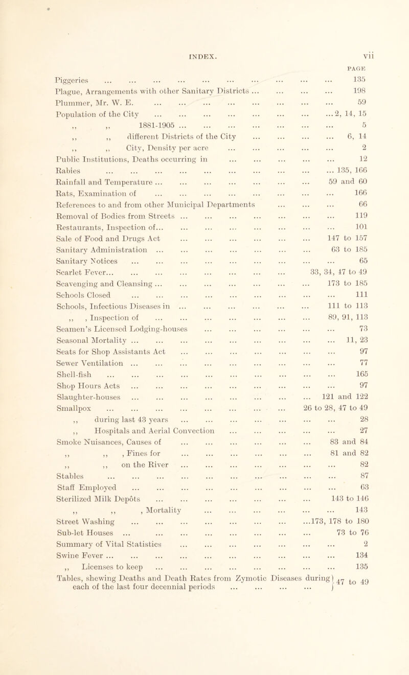 PAGE Piggeries Plague, Arrangements with other Sanitary Districts ... Plummer, Mr. W. E. Population of the City ,, ,, 1881-1905 . ,, ,, different Districts of the City ,, ,, City, Density per acre Public Institutions, Deaths occurring in Rabies Rainfall and Temperature ... Rats, Examination of References to and from other Municipal Departments Removal of Bodies from Streets ... Restaurants, Inspection of... Sale of Pood and Drugs Act Sanitary Administration ... Sanitary Notices Scarlet Fever... Scavenging and Cleansing ... Schools Closed Schools, Infectious Diseases in ... ,, , Inspection of Seamen’s Licensed Lodging-houses Seasonal Mortality ... Seats for Shop Assistants Act Sewer Ventilation ... Shell-fish Shop Hours Acts Slaughter-houses Smallpox ,, during last 43 years ,, Hospitals and Aerial Convection Smoke Nuisances, Causes of ,, ,, , Fines for ,, ,, on the River Stables Staff Employed Sterilized Milk Depots ,, ,, , Mortality . 135 . 198 59 .2, 14, 15 . 5 6, 14 . 2 . 12 .135, 166 59 and 60 . 166 . 66 . 119 . 101 147 to 157 63 to 185 . 65 33, 34, 47 to 49 173 to 185 . Ill 111 to 113 89, 91, 113 . 73 . 11, 23 . 97 . 77 . 165 . 97 121 and 122 26 to 28, 47 to 49 . 28 . 27 83 and 84 81 and 82 . 82 . 87 63 143 to 146 . 143 Street Washing Sub-let Houses Summary of Vital Statistics Swine Fever ... ,, Licenses to keep Tables, shewing Deaths and Death Rates fr each of the last four decennial periods ...173, 178 to 180 73 to 76 . 2 . 134 . 135 om Zymotic Diseases during) ^ ^ ... j