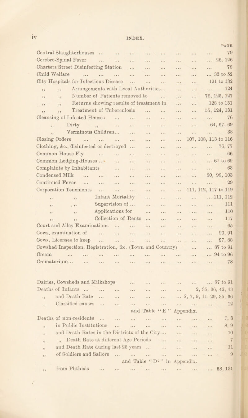 Central Slaughterhouses ... Cerebro-Spinal Fever Charters Street Disinfecting Station Child Welfare ... . City Hospitals for Infectious Disease ,, ,, Arrangements with Local Authorities... ,, ,, Number of Patients removed to ,, ,, Returns showing results of treatment in ,, ,, Treatment of Tuberculosis Cleansing of Infected Houses ,, Dirty ,, . ,, Verminous Children... Closing Orders Clothing, &c., disinfected or destroyed ... Common House Fly Common Lodging-Houses ... Complaints by Inhabitants Condensed Milk Continued Fever Corporation Tenements ,, ,, Infant Mortality ,, ,, Supervision of ... ., ,, Applications for ,, ,, Collection of Rents ... Court and Alley Examinations Cows, examination of Cows, Licenses to keep Cowshed Inspection, Registration, &c. (Town and Country) Cream Crematorium... 107 111 PAGE 79 ... 26, 126 76 ... 33 to 52 121 to 132 124 76, 125, 127 128 to 131 55, 124, 131 76 64, 67, 69 38 108, 113 to 116 ... 76, 77 66 ... 67 to 69 63 80, 98, 103 29 112, 117 to 119 ... Ill, 112 111 110 117 65 ... 90, 91 ... 87, 88 ... 87 to 91 ... 94 to 96 78 Dairies, Cowsheds and Milkshops Deaths of Infants ... ,, and Death Rate ,, Classified causes ... .87 to 91 2, 35, 36, 42, 43 ... 2, 7, 9, 11, 29, 35, 36 . 12 and Table “ E ” Appendix Deaths of non-residents ,, in Public Institutions ,, and Death Rates in the Districts of the City ,, ,, Death Rate at different Age Periods ,, and Death Rate during last 25 years ... ,, of Soldiers and Sailors 7,8 8, 9 10 7 11 9 from Phthisis and Table “D2” in Appendix ... 58, 131