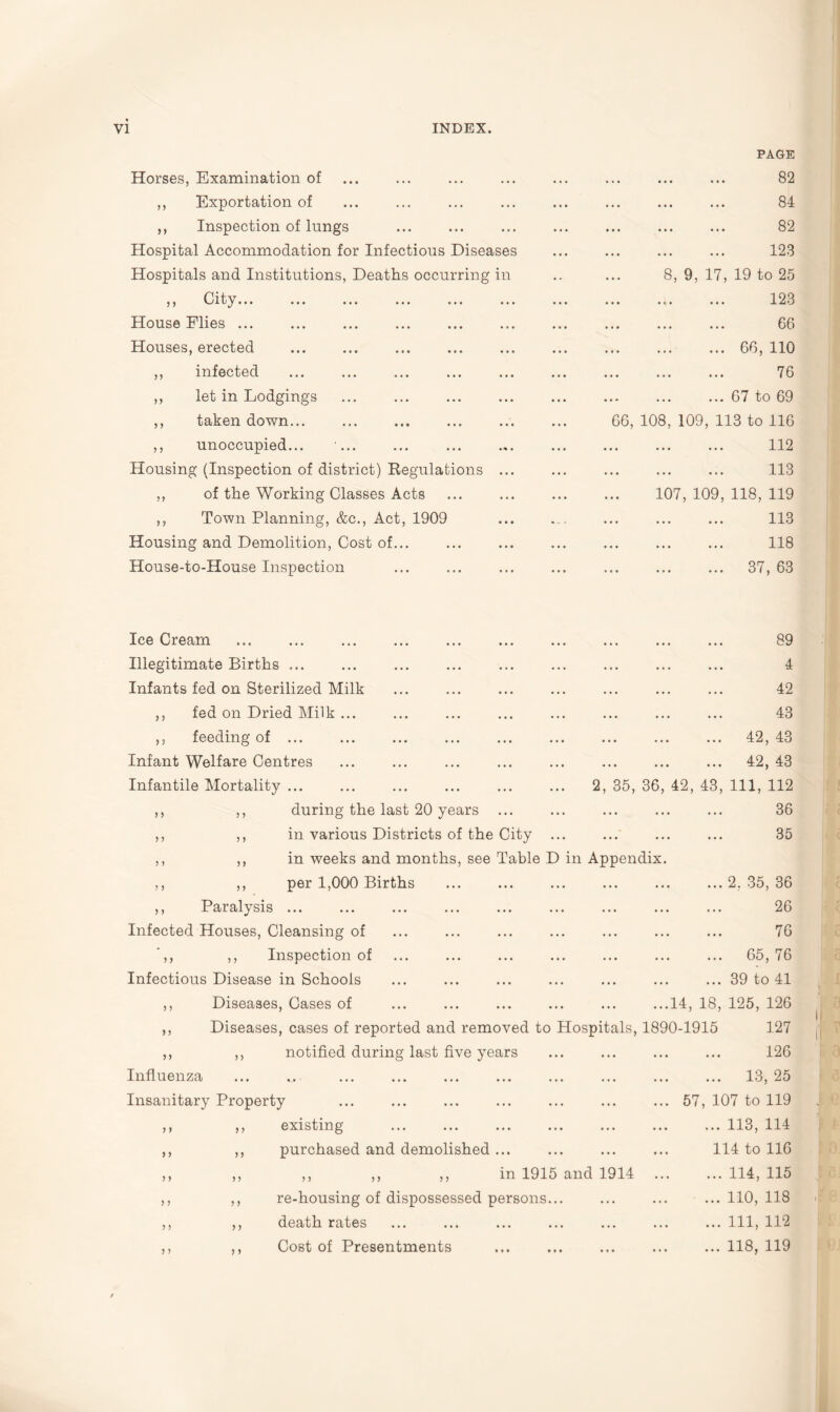 Horses, Examination of PAGE . 82 ,, Exportation of . 84 ,, Inspection of lungs . 82 Hospital Accommodation for Infectious Diseases . 123 Hospitals and Institutions, Deaths occurring in 8, 9, 17, 19 to 25 ,, City... ... ... ... ... ... ... . 123 House Flies ... 66 Houses, erected . .66, 110 ,, infected . 76 ,, let in Lodgings ... ... ... 67 to 69 ,, taken down... 66, 108, 109, 113 to 116 ,, unoccupied... . 112 Housing (Inspection of district) Regulations ... . 113 ,, of the Working Classes Acts 107, 109, 118, 119 ,, Town Planning, &c., Act, 1909 .. . 113 Housing and Demolition, Cost of... . 118 House-to-House Inspection . 37, 63 Ice Cream Illegitimate Births ... Infants fed on Sterilized Milk ,, fed on Dried Milk ... ,, feeding of ... Infant Welfare Centres Infantile Mortality ... ,, ,, during the last 20 years ,, ,, in various Districts of the City ... ,, ,, in weeks and months, see Table D in Appendix. ,, ,, per 1,000 Births ... ... ... 89 . 4 42 . 43 . 42, 43 . 42, 43 2, 35, 36, 42, 43, 111, 112 . 36 ... ... ... 35 .. 2, 35, 36 ,, Paralysis ... Infected Houses, Cleansing of ,, Inspection of Infectious Disease in Schools ,, Diseases, Cases of ,, Diseases, cases of reported and removed to Hospitals, ,, ,, notified during last five years Influenza Insanitary Property ,, ,, existing ,, ,, purchased and demolished ... . 26 . 76 . 65, 76 .39 to 41 ...14, 18, 125, 126 1890-1915 127 . 126 . 13, 25 ... 57, 107 to 119 .113, 114 114 to 116 ,, ,, ,, in 1915 and 1914 re-housing of dispossessed persons... death rates Cost of Presentments ... 114, 115 ... 110, 118 ... Ill, 112 ... 118, 119