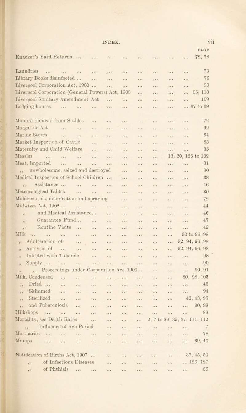 INDEX. Vll PAGE Knacker’s Yard Returns ... ... . . • . . . ... 72, 78 Laundries . 73 Library Books disinfected ... . .. • • • • . • • • • • • • 76 Liverpool Corporation Act, 1900 ... • • • • • • . . • . . . . . i• 90 Liverpool Corporation (General Powers) Act, 1908 ... ... ... ... 65,110 Liverpool Sanitary Amendment Act ... ... ... . . . 109 Lodging-houses ... ... ... ... 67 to 69 Manure removal from Stables . 72 Margarine Act ... . . . ... ... 92 Marine Stores ... ... . . • • . • •.. 64 Market Inspection of Cattle ... • . • • • • • • • 83 Maternity and Child Welfare ... ... . . . • • • 35 Measles ... ... . . . 13, 20, 125 to 132 Meat, imported ... . . • . • • . • • 81 ,, unwholesome, seized and destroyed ... . . . . • • • . . 80 Medical Inspection of School Children ... ... . . . ... . . . 38 ,, Assistance ... ... ... . . • . • • • • • 46 Meteorological Tables ... ... • • • • • • ... 30 Middensteads, disinfection and spraying ... ... • • • • . . • . • 72 Midwives Act, 1902 ... ... ... . . • • • • ... 44 ,, and Medical Assistance... ... ... • . • . . • •. • 46 ,, Guarantee Fund... ... • • • • . . . . • 47 ,, Routine Visits ... ... ... . • • • . . • • • 49 Milk. ... ... . . . • . • 90 to 96, 98 ,, Adulteration of ... ... . . . ... 92, 94 , 96, 98 ,, Analysis of ... . . . . . . 92, 94 , 96, 98 ,, Infected with Tubercle ... ... . . • . . • • • . 98 „ Supply ... ... ... . . . 90 ,, ,, Proceedings under Corporation Act, 1900... ... ... ... 90, 91 Milk, Condensed ... . • • . . • 80, 98, 103 ,, Dried ... ... ... . • • . . • • • • 43 ,, Skimmed ... ... • . • . • • . • . 94 ,, Sterilized ... ... /* ... • . • 42 43, 98 ,, and Tuberculosis ... ... . • • • • • . . . 90, 98 Milkshops ... . . . • • . ... 89 Mortality, see Death Rates ... ... 2, 7 to 29, 3 5, 37, 111, 112 ,, Influence of Age Period ... ... • . • • • • • . • 7 Mortuaries ... ... • • • • • • • • • 78 Mumps ... ... ... ... 39, 40 Notification of Births Act, 1907 ... . ... 37 45, 50 ,, of Infectious Diseases ... ... • • • . . • ... 126, 127 ,, of Phthisis . . * * ... ... • . • • • • 56