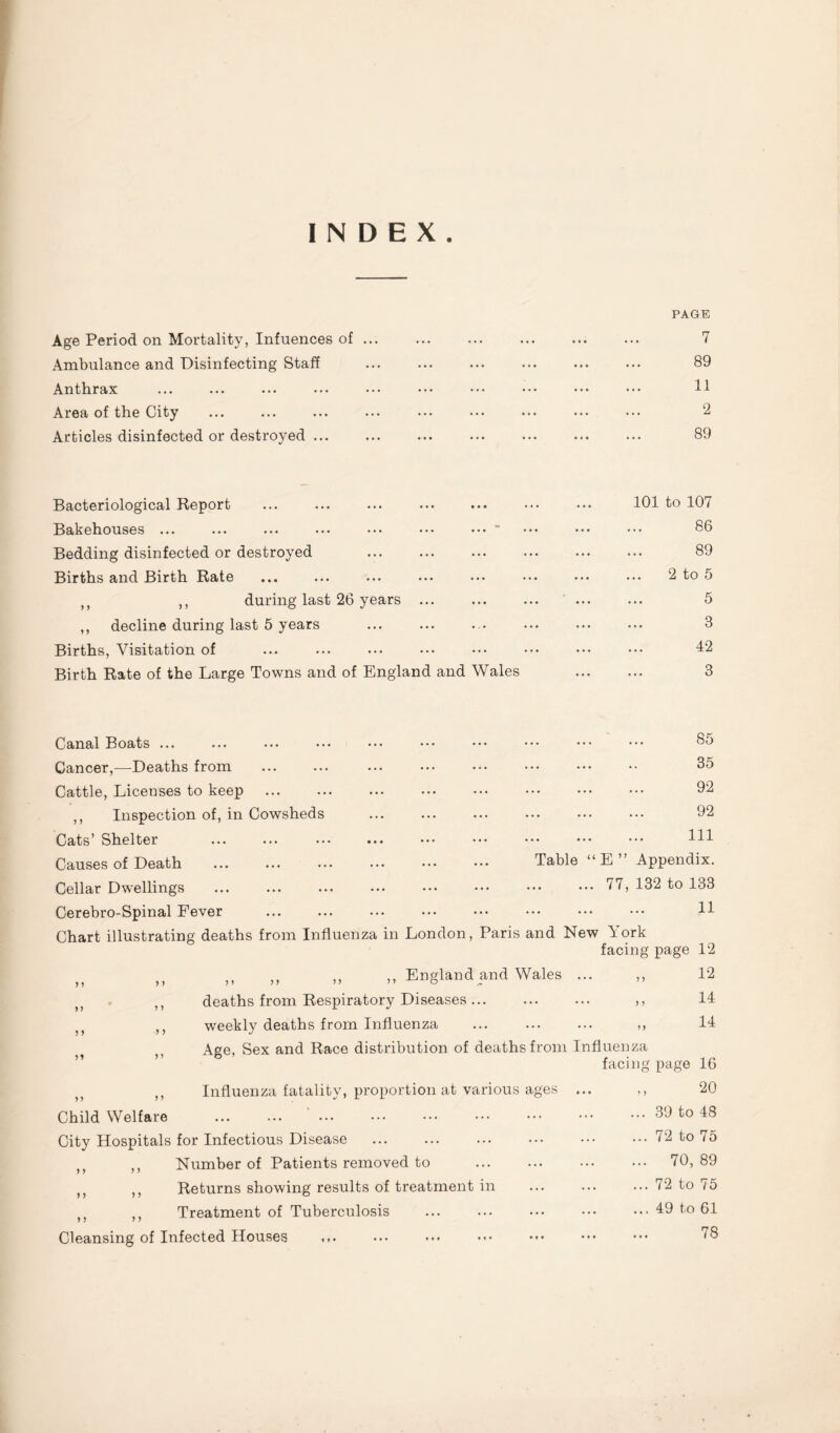 INDEX. Age Period on Mortality, Infuences of ... PAGE 7 Ambulance and Disinfecting Staff 89 Anthrax 11 Area of the City 2 Articles disinfected or destroyed ... 89 Bacteriological Report 101 to 107 Bakehouses ... ... ••• ••• ••• ••• ••• ••• ••• 86 Bedding disinfected or destroyed . 89 Births and Birth Rate ... 2 to 5 n ,, during last 26 years ... 5 ,, decline during last 5 years 3 Births, Visitation of 42 Birth Rate of the Large Towns and of England and Wales 3 Canal Boats ... ... ... ••• ••• ••• ••• ... 85 Cancer,—Deaths from • • 35 Cattle, Licenses to keep ... 92 ,, Inspection of, in Cowsheds ... 92 Cats’ Shelter ... ... . ... 111 Causes of Death ... ... ... ... Table E ” Appendix. Cellar Dwellings 77, 132 to 133 Cerebro-Spinal Fever ... 11 Chart illustrating deaths from Influenza in London, Paris and New York facing page 12 ,, ,, ,, England and Wales ... j) y y yy yy > > ” o ^ y y 12 ,, deaths from Respiratory Diseases. y y 14 ,, weekly deaths from Influenza y y 14 Age, Sex and Race distribution of deaths from Influenza facing page 16 ,, Influenza fatality, proportion at various ages ... r > 20 Child Welfare ... 39 to 48 City Hospitals for Infectious Disease . ... 72 to 75 n ,, Number of Patients removed to . ... 70, 89 n ,, Returns showing results of treatment in . ... 72 to 75 J} ,, Treatment of Tuberculosis . 49 to 61 Cleansing of Infected Houses ... ••• ••• ... 78