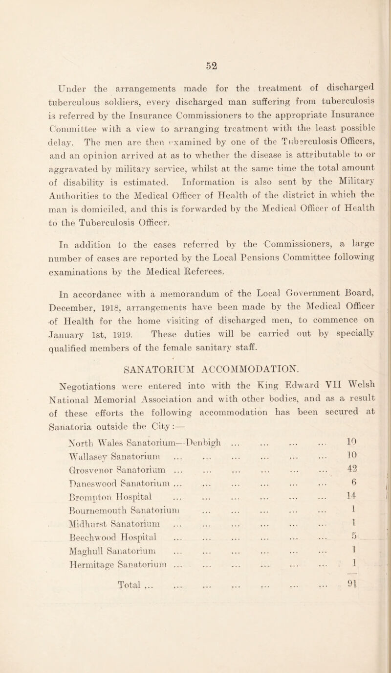 Under the arrangements made for the treatment of discharged tuberculous soldiers, every discharged man suffering from tuberculosis is referred by the Insurance Commissioners to the appropriate Insurance Committee with a view to arranging treatment with the least possible delay. The men are then examined by one of the Tuberculosis Officers, and an opinion arrived at as to whether the disease is attributable to or aggravated by military service, whilst at the same time the total amount of disability is estimated. Information is also sent by the Military Authorities to the Medical Officer of Health of the district in which the man is domiciled, and this is forwarded by the Medical Officer of Health to the Tuberculosis Officer. In addition to the cases referred by the Commissioners, a large number of cases are reported by the Local Pensions Committee following examinations by the Medical Referees. In accordance with a memorandum of the Local Government Board, December, 1918, arrangements have been made by the Medical Officer of Health for the home visiting of discharged men, to commence on January 1st, 1919. These duties will be carried out by specially qualified members of the female sanitary staff. SANATORIUM ACCOMMODATION. Negotiations were entered into with the King Edward VII Welsh National Memorial Association and with other bodies, and as a result of these efforts the following accommodation has been secured at Sanatoria outside the City:— North Wales Sanatorium—Denbigh Wallasey Sanatorium Grosvenor Sanatorium ... Daneswood Sanatorium ... Brompton Hospital Bournemouth Sanatorium Midhurst Sanatorium Beechwood Hospital Maghull Sanatorium Hermitage Sanatorium ... 10 10 42 6 14 1 1 5 1 Total ... 91