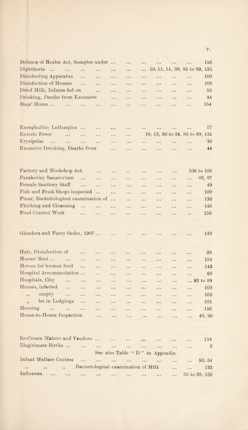 Defence of Realm Act, Samples under Diphtheria ... Disinfecting Apparatus Disinfection of Houses Dried Milk, Infants fed on Drinking, Deaths from Excessive Dogs’ Home ... . 126 10,11, 14, 39, 85 to 89, 135 . 109 . 109 . 55 . 44 . 154 Encephalitis Lethargica ... Enteric Fever Erysipelas Excessive Drinking, Deaths from 17 10, 13, 30 to 34, 85 to 89, 135 . 30 . 44 Factory and Workshop Act Fazakerley Sanatorium Female Sanitary Staff Fish and Fruit Shops inspected ... Flour, Bacteriological examination of ... Flushing and Cleansing ... Food Control Work 106 to 108 .. 83, 87 49 109 138 146 155 Glanders and Farcy Order, 1907 ... 139 Hair, Disinfection of Horses’ Rest ... Horses for human food Hospital Accommodation . Hospitals, City Houses, infected ,, empty ,, let in Lodgings Housing House-to-House Inspection 28 154 142 83 83 to 89 109 162 101 156 49, 90 IceCream Makers and Vendors ... . Illegitimate Births ... See also Table “ D ” in Appendix. Infant Welfare Centres ,, ,, ,, Bacteriological examination of Milk Influenza 114 3 ... 50, 54 132 35 to 39, 138