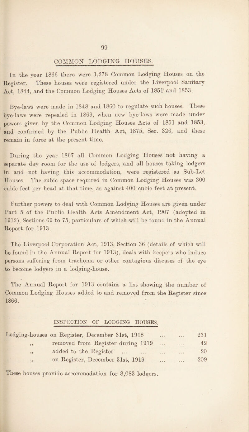 COMMON LODGING HOUSES. In the year 1866 there were 1,278 Common Lodging Houses on the Register. These houses were registered under the Liverpool Sanitary Act, 1844, and the Common Lodging Houses Acts of 1851' and 1853. Bye-laws were made in 1848 and 1860 to regulate such houses. These bye-laws were repealed in 1869, when new bye-laws were made under powers given by the Common Lodging Houses Acts of 1851 and 1853, and confirmed by the Public Health Act, 1875, Sec. 326, and these remain in force at the present time. During the year 1867 all Common Lodging Houses not having a separate day room for the use of lodgers, and all houses taking lodgers in and not having this accommodation, were registered as Sub-Let Houses. The cubic space required in Common Lodging Houses was 300 cubic feet per head at that time, as against 400 cubic feet at present. Further powers to deal with Common Lodging Houses are given under Part 5 of the Public Health Acts Amendment Act, 1907 (adopted in 1912), Sections 69 to 75, particulars of which will be found in the Annual Report for 1913. The Liverpool Corporation Act, 1913, Section 36 (details of which will be found in the Annual Report for 1913), deals with keepers who induce persons suffering from trachoma or other contagious diseases of the eye to become lodgers in a lodging-house. The Annual Report for 1913 contains a list showing the number of Common Lodging Houses added to and removed from the Register since 1866. INSPECTION OP LODGING HOUSES. Lodging-houses on Register, December 31st, 1918 231 42 20 209 removed from Register during 1919 added to the Register on Register, December 31st, 1919 These houses provide accommodation for 8,083 lodgers.