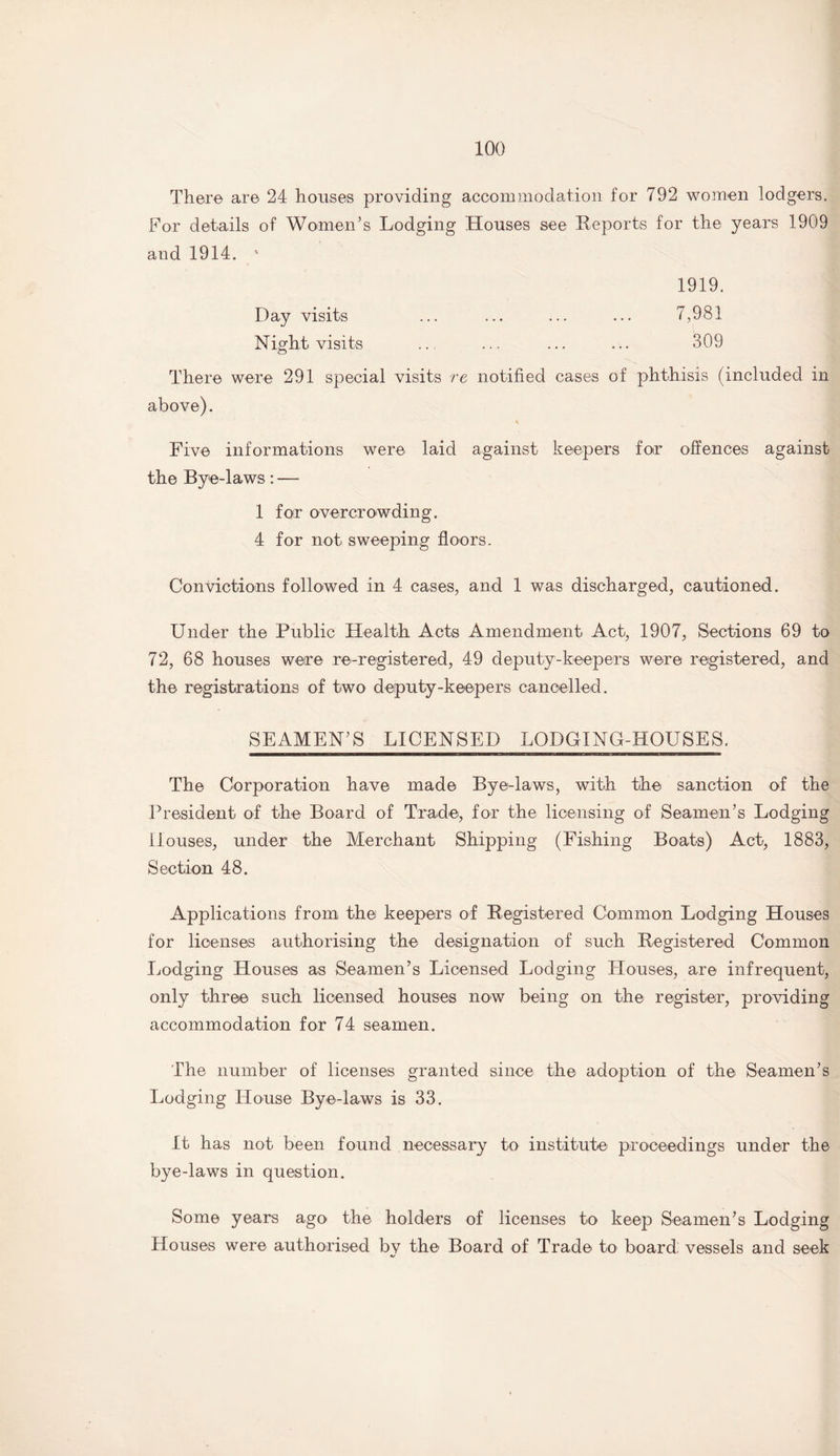 There are 24 houses providing accommodation for 792 women lodgers. For details of Women’s Lodging Houses see Reports for the years 1909 and 1914. ' 1919. Day visits ... ... ... ... 7,981 Night visits .. ... ... ... 309 There were 291 special visits re notified cases of phthisis (included in above). Five informations were laid against keepers for offences against the Bye-laws: — 1 for overcrowding. 4 for not sweeping floors. Convictions followed in 4 cases, and 1 was discharged, cautioned. Under the Public Health Acts Amendment Act, 1907, Sections 69 to 72, 68 houses were re-registered, 49 deputy-keepers were registered, and the registrations of two deputy-keepers cancelled. SEAMEN’S LICENSED LODGING-HOUSES. The Corporation have made Bye-laws, with the sanction of the President of the Board of Trade, for the licensing of Seamen’s Lodging Houses, under the Merchant Shipping (Fishing Boats) Act, 1883, Section 48. Applications from the keepers of Registered Common Lodging Houses for licenses authorising the designation of such Registered Common Lodging Houses as Seamen’s Licensed Lodging Houses, are infrequent, only three such licensed houses now being on the register, providing accommodation for 74 seamen. The number of licenses granted since the adoption of the Seamen’s Lodging House Bye-laws is 33. It has not been found necessary to institute proceedings under the bye-laws in question. Some years ago the holders of licenses to keep Seamen’s Lodging Houses were authorised by the Board of Trade to board; vessels and seek