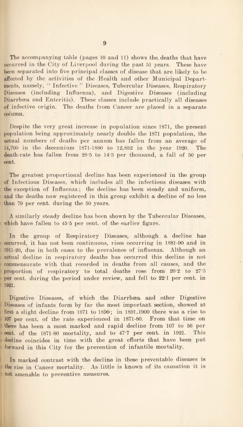 The accompanying table (pages 10 and 11) shows the deaths that have occurred in the City of Liverpool during the past 51 years. These have been separated into five principal classes of disease tha,t are likely to be affected by the activities of the Health and other Municipal Depart¬ ments, namely, “ Infective Diseases, Tubercular Diseases, Respiratory Diseases (including Influenza), and Digestive Diseases (including Diarrhoea and Enteritis). These classes include practically all diseases of infective origin. The deaths from Cancer are placed in a separate column. Despite the very great, increase in population since 1871, the present population being approximately nearly double the 1871 population, the actual numbers of deaths per annum has fallen from an average of 14,700 in the. decennium 1871-1880 to 12,852 in the year 1920. The death-rate has fallen from 28'5 to 14*3 per thousand, a fall of 50 per cent. The greatest proportional decline has been experienced in the group of Infectious Diseases, which includes all the infectious diseases with the exception of Influenza; the decline has been steady and uniform, and the deaths now registered in this group exhibit a decline of no less than 79 per cent, during the 50 years. A similarly steady decline has been shown by the Tubercular Diseases, which have fallen to. 45'5 per cent, of the earlier figure. In the group of Respiratory Diseases, although a decline has occurred, it has not been continuous, rises occurring in 1881-90 and in 1911-20, due in both cases to the prevalence of influenza. Although an actual decline in respiratory deaths has occurred this decline is not commensurate with that recorded in deaths from all causes, and the proportion of respiratory to total deaths rose from 20,2 to 27‘3 per cent, during the period under review, and fell to 22-1 per cent, in 1921. Digestive Diseases, of which the Diarrhoea and other Digestive Diseases of infants form by far the most important section, showed at first a slight decline from 1871 to 1890; in 1891-1900 there was a rise to 107 per cent, of the rate experienced in 1871-80. From that time on there has been a most- marked and rapid decline from 107 to 56 per cent, of the 1871-80 mortality, and to 47’7 per cent, in 1921. This decline coincides in time with the great efforts that, have been put forward in this City for the prevention of infantile mortality. In marked contrast with the decline in these preventable diseases is the rise in Cancer mortality. As little is known of its causation it is not amenable to preventive measures.