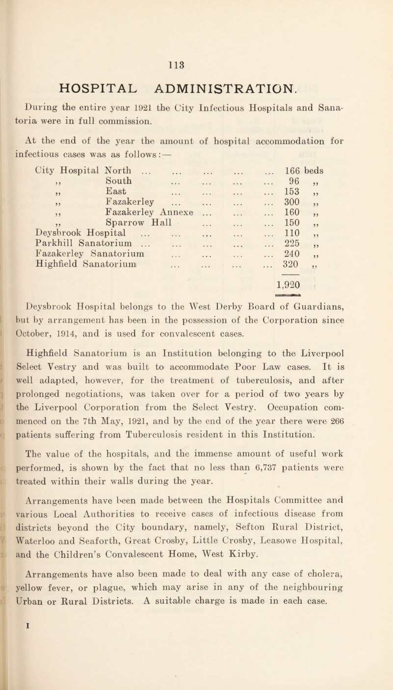 HOSPITAL ADMINISTRATION. During the entire year 1921 the City Infectious Hospitals and Sana¬ toria were in full commission. At the end of the year the amount of hospital accommodation infectious cases was as follows: — City Hospital North ... ... 166 beds ,, South . 96 )} „ East . ... 153 y> ,, Fazakerley • « • • • • ... 300 >> ,, Fazakerley Annexe ... • . . ... 160 >> ,, Sparrow Hall ... ... 150 Deysbrook Hospital • 4 • • • • ... 110 Parkhill Sanatorium ... ... 225 Fazakerley Sanatorium . . . ... ... 240 >) Highfield Sanatorium ... ... 320 55 1,920 Deysbrook Hospital belongs to the West Derby Board of Guardians, but by arrangement has been in the possession of the Corporation since October, 1914, and is used for convalescent cases. Highfield Sanatorium is an Institution belonging to the Liverpool Select Vestry and was built to accommodate Poor Law cases. It is well adapted, however, for the treatment of tuberculosis, and after prolonged negotiations, was taken over for a period of two years by the Liverpool Corporation from the Select Vestry. Occupation com¬ menced on the 7th May, 1921, and by the end of the year there were 266 patients suffering from Tuberculosis resident in this Institution. The value of the hospitals, and the immense amount of useful work performed, is shown by the fact that no> less than 6,737 patients were treated within their walls during the year. Arrangements have been made between the Hospitals Committee and various Local iVuthorities to receive cases of infectious disease from districts beyond the City boundary, namely, Sefton Rural District, Waterloo and Seaforth, Great Crosby, Little Crosby, Leasowe Hospital, and the Children’s Convalescent Home, West Kirby. Arrangements have also been made to deal with any case of cholera, yellow fever, or plague, which may arise in any of the neighbouring Urban or Rural Districts. A suitable charge is made in each case. I