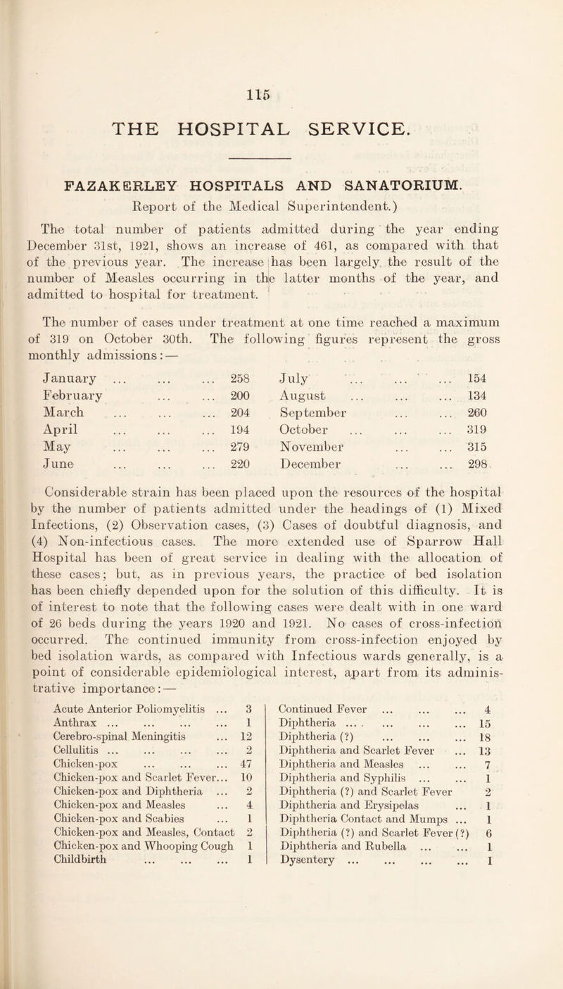 THE HOSPITAL SERVICE. FAZAKERLEY HOSPITALS AND SANATORIUM. Report of the Medical Superintendent.) The total number of patients admitted during the year ending December 31st, 1921, shows an increase of 461, as compared with that of the previous year. The increase jhas been largely the result of the number of Measles occurring in the latter months of the year, and admitted to hospital for treatment. The number of cases under treatment at one time reached a maximum of 319 on October 30th. The following figures represent the gross monthly admissions: — January ... 258 J uly . ' ... 154 February ... 200 August ... 134 March ... 204 September ... 260 April ... 194 October ... 319 May ... 279 November ... 315 June ... 220 December ... 298. Considerable strain has been placed upon the resources of the hospital by the number of patients admitted under the headings of (1) Mixed Infections, (2) Observation cases, (3) Cases of doubtful diagnosis, and (4) Non-infectious cases. The more extended use of Sparrow Hall Hospital has been of great service in dealing with the allocation of these cases; but, as in previous years, the practice of bed isolation has been chiefly depended upon for the solution of this difficulty. It is of interest to note that the following cases were dealt with in one ward of 26 beds during the years 1920 and 1921. No1 cases of cross-infection occurred. The continued immunity from cross-infection enjoyed by bed isolation wards, as compared with Infectious wards generally, is a point of considerable epidemiological interest, apart from its adminis- t r at i ve i mp or tan ee: — Acute Anterior Poliomyelitis ... 3 Anthrax ... ... ... ... 1 Cerebro-spinal Meningitis ... 12 Cellulitis ... ... ... ... 2 Chicken-pox ... ... ... 47 Chicken-pox and Scarlet Fever... 10 Chicken-pox and Diphtheria ... 2 Chicken-pox and Measles ... 4 Chicken-pox and Scabies ... 1 Chicken-pox and Measles, Contact 2 Chicken-pox and Whooping Cough 1 Childbirth ... ... ... 1 Continued Fever ... ... ... 4 Diphtheria . ... ... 15 Diphtheria(?) ... ... ... 18 Diphtheria and Scarlet Fever ... 13 Diphtheria and Measles ... ... 7 Diphtheria and Syphilis ... ... 1 Diphtheria (?) and Scarlet Fever 2 Diphtheria and Erysipelas ... 1 Diphtheria Contact and Mumps ... 1 Diphtheria (?) and Scarlet Fever (?) 6 Diphtheria and Rubella ... ... 1 Dysentery. 1