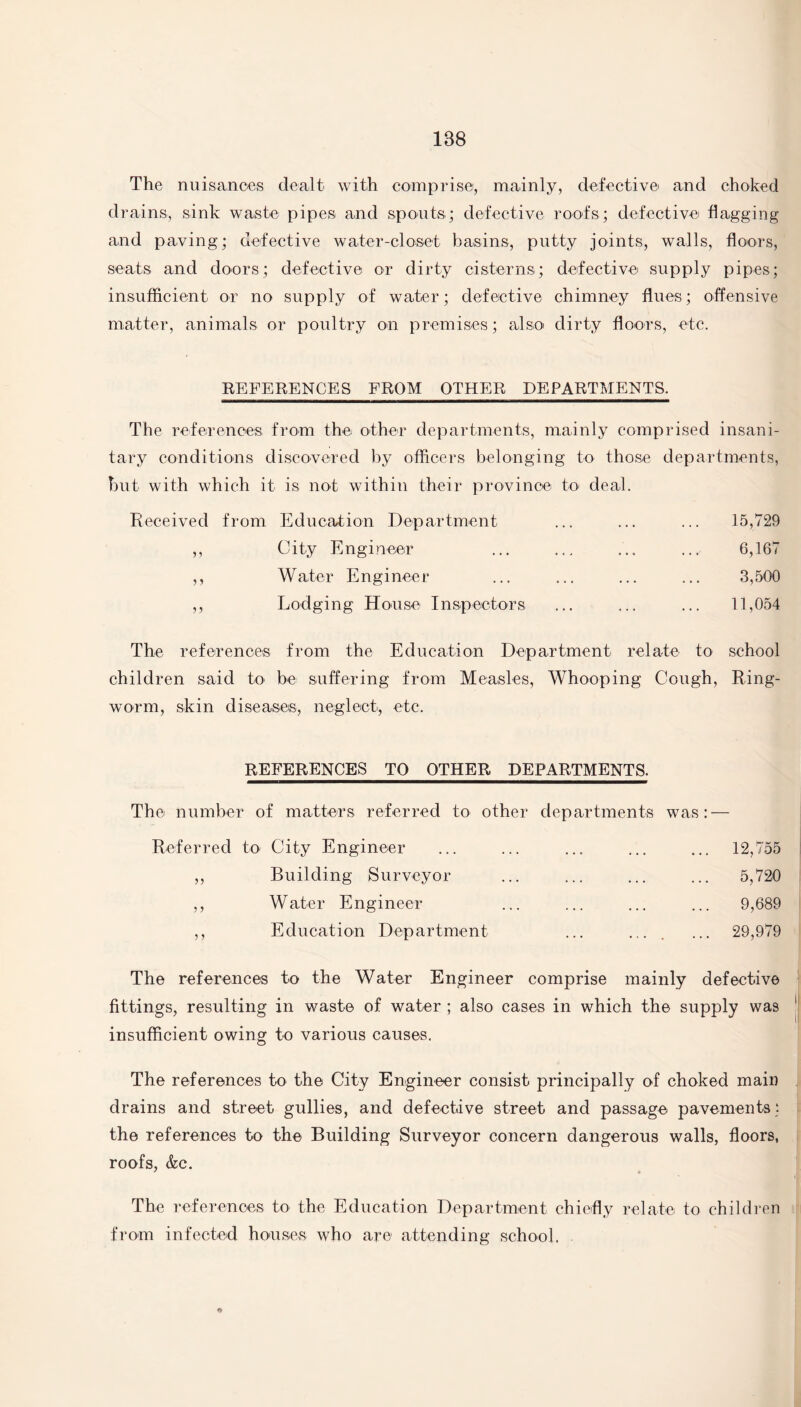 1B8 The nuisances dealt with comprise, mainly, defective and choked drains, sink waste pipes and spouts; defective roofs; defective flagging and paving; defective water-closet basins, putty joints, walls, floors, seats and doors; defective or dirty cisterns; defective supply pipes; insufficient or no supply of water; defective chimney flues; offensive matter, animals or poultry on premises; also dirty floors, etc. REFERENCES FROM OTHER DEPARTMENTS. The references from the other departments, mainly comprised insani¬ tary conditions discovered by officers belonging to those departments, but with which it is not within their province to deal. Received from Education Department ,, City Engineer ,, Water Engineer ,, Lodging House Inspectors 15,729 6,167 3,500 11,054 The references from the Education Department relate to school children said to be suffering from Measles, Whooping Cough, Ring¬ worm, skin diseases, neglect, etc. REFERENCES TO OTHER DEPARTMENTS. The number of matters referred to other departments Referred to City Engineer ,, Building Surveyor ,, Water Engineer ,, Education Department was: — ... 12,755 5,720 9,689 ... 29,979 The references to the Water Engineer comprise mainly defective fittings, resulting in waste of water ; also cases in which the supply was insufficient owing to various causes. The references to the City Engineer consist principally of choked main drains and street gullies, and defective street and passage pavements; the references to the Building Surveyor concern dangerous walls, floors, roofs, &c. The references to the Education Department chiefly relate to children from infected houses who are attending school, .