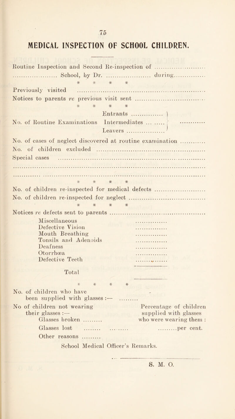 MEDICAL INSPECTION OF SCHOOL CHILDREN. Routine Inspection and Second Re-inspection of . ... School, by Dr. during., * * * * Previously visited . Notices to parents re previous visit sent . * * * * Entrants . | No. of Routine Examinations Intermediates . Leavers . ' No. of cases of neglect discovered at routine examination No. of children excluded . Special cases . -X- * * * No. of children re-inspected for medical defects No. of children re-inspected for neglect . * * * * Notices re defects sent to parents . Miscellaneous . Defective Vision . Mouth Breathing . Tonsils and Adenoids . Deafness . Otorrhoea . Defective Teeth . Total * * * No. of children who have been supplied wdth glasses :— No of children not wearing their glasses :— Glasses broken . Glasses lost . Other reasons . * Percentage of children supplied with glasses who were wearing them : .per cent. School Medical Officer’s Remarks.