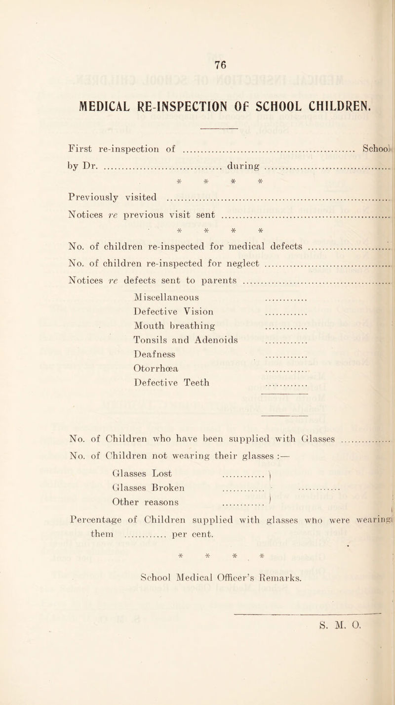 MEDICAL RE-INSPECTION Of SCHOOL CHILDREN. First re-inspection of . School by Dr. during ... * * * * Previously visited . Notices re previous visit sent . * * * * No. of children re-inspected for medical defects . No. of children re-inspected for neglect . Notices re defects sent to parents ... Miscellaneous . Defective Vision . Mouth breathing . Tonsils and Adenoids . Deafness . Otorrhoea ... Defective Teeth . No. of Children who have been supplied with Glasses .. No. of Children not wearing their glasses : — Glasses Lost . \ Glasses Broken . . Other reasons . ^ j Percentage of Children supplied with glasses who were wearing! them . per cent. •* * * * * School Medical Officer’s Remarks.