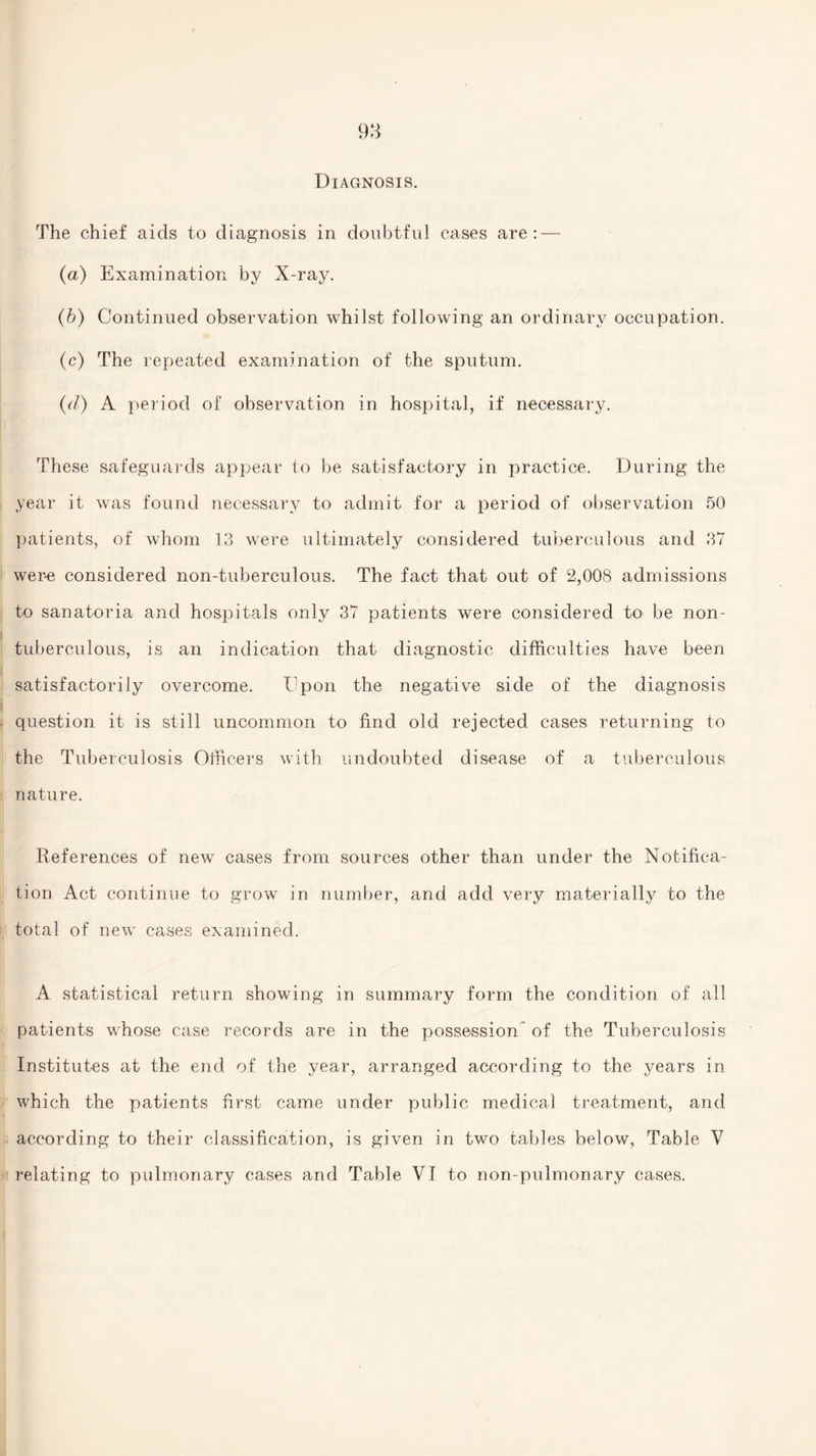 Diagnosis. The chief aids to diagnosis in doubtful cases are: — (a) Examination by X-ray. (b) Continued observation whilst following an ordinary occupation. (c) The repeated examination of the sputum. (d) A peiiod of observation in hospital, if necessary. These safeguards appear to be satisfactory in practice. During the year it was found necessary to admit for a period of observation 50 patients, of whom 13 were ultimately considered tuberculous and 37 were considered non-tuberculous. The fact that out of 2,008 admissions to sanatoria and hospitals only 37 patients were considered to be non- tuberculous, is an indication that diagnostic difficulties have been satisfactorily overcome. Upon the negative side of the diagnosis question it is still uncommon to find old rejected cases returning to the Tuberculosis Officers with undoubted disease of a tuberculous nature. References of new cases from sources other than under the Notifica¬ tion Act continue to grow in number, and add very materially to the total of new cases examined. A statistical return showing in summary form the condition of all patients whose case records are in the possession of the Tuberculosis Institutes at the end of the year, arranged according to the years in which the patients first came under public medical treatment, and according to their classification, is given in two tables below, Table V relating to pulmonary cases and Table VI to non-pulmonary cases.