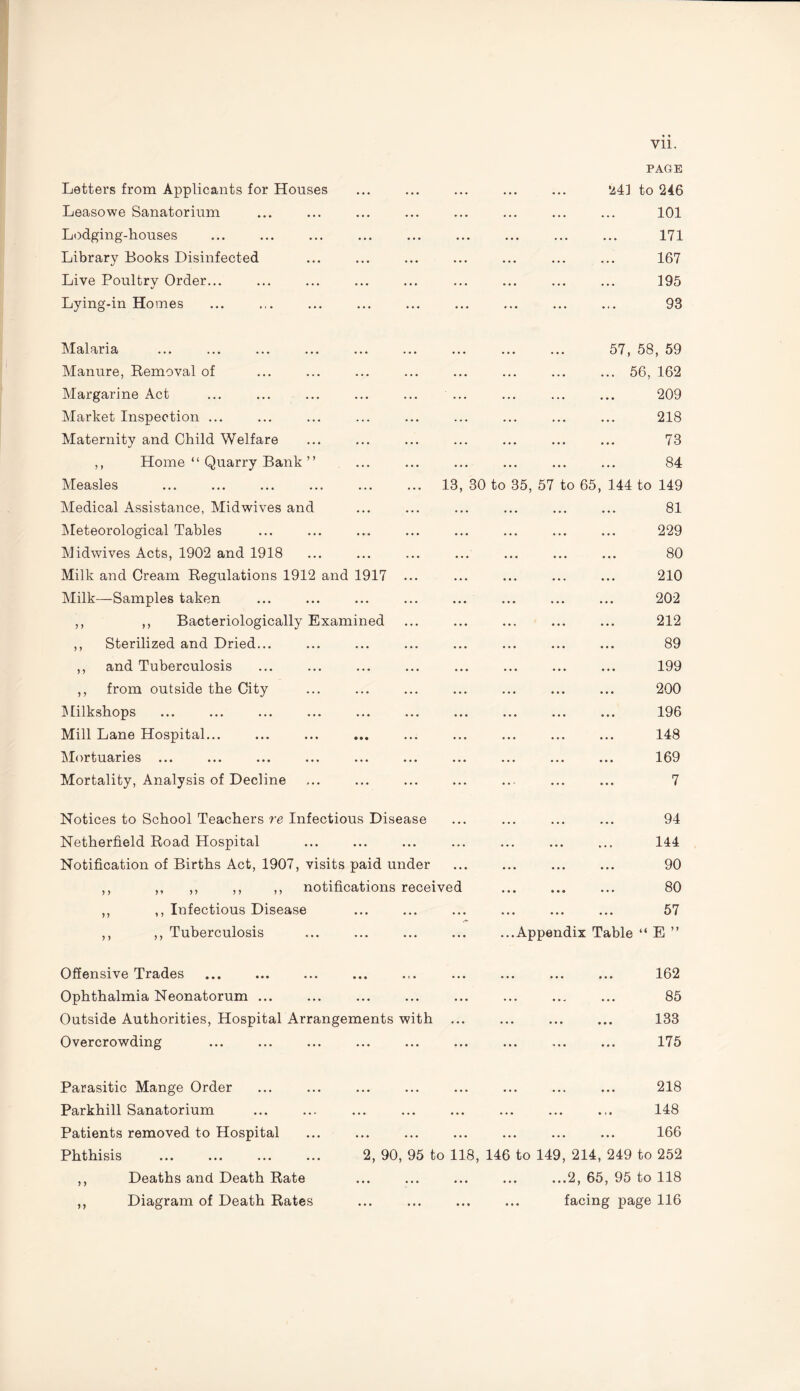 Letters from Applicants for Houses Leasowe Sanatorium Lodging-houses Library Books Disinfected Live Poultry Order... Lying-in Homes PAGE 241 to 246 101 171 167 195 93 Malaria Manure, Removal of Margarine Act Market Inspection ... Maternity and Child Welfare ,, Home “ Quarry Bank ” Measles Medical Assistance, Mid wives and Meteorological Tables Midwives Acts, 1902 and 1918 Milk and Cream Regulations 1912 and 1917 Milk—Samples taken ,, ,, Bacteriologically Examined ,, Sterilized and Dried... ,, and Tuberculosis ,, from outside the City Milkshops Mill Lane Hospital... Mortuaries ... Mortality, Analysis of Decline . 57, 58, 59 .56, 162 . 209 . 218 ... ... ... ... 73 . 84 13, 30 to 35, 57 to 65, 144 to 149 . 81 . 229 ... ... ... ... 80 . 210 909 • •• ••• ••• ••• XJ V £A . 212 89 • •• ••• ••• ••• co c/ 199 • •• ••• ••• ••• ... ... ... ... 200 196 ... ... ... ... -Li/ ■' . 148 ... ... ... ... 169 7 Notices to School Teachers re Infectious Disease Netherfield Road Hospital Notification of Births Act, 1907, visits paid under ,, ,, ,, ,, ,, notifications received ,, ,, Infectious Disease ,, ,, Tuberculosis . 94 . 144 90 • •• ••• ••• kJ\J ... ... ... 80 . 57 ...Appendix Table “ E ” Offensive Trades Ophthalmia Neonatorum ... Outside Authorities, Hospital Arrangements with Overcrowding 162 85 133 175 Parasitic Mange Order Parkhill Sanatorium Patients removed to Hospital Phthisis ,, Deaths and Death Rate ,, Diagram of Death Rates .. ... ... ... ... ... 218 148 • ••• • • • ••• • > • -LAW »• ... ... ... ... ... 16 6 2, 90, 95 to 118, 146 to 149, 214, 249 to 252 .2, 65, 95 to 118 . facing page 116