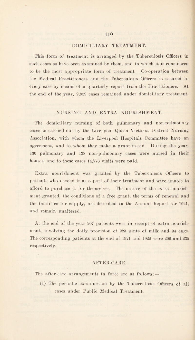 DOMICILIARY TREATMENT. This form of treatment is arranged by the Tuberculosis Officers in such cases as have been examined by them, and in which it is considered to be the most appropriate form of treatment. Co-operation between the Medical Practitioners and the Tuberculosis Officers is secured in every case by means of a quarterly report from the Practitioners. At the end of the year, 2,959 cases remained under domiciliary treatment. NURSING AND EXTRA NOURISHMENT. The domiciliary nursing of both pulmonary and non-pulmonary cases is carried out by the Liverpool Queen Victoria District Nursing Association, with whom the Liverpool Hospitals Committee have an agreement, and to whom they make a grant-in-aid. During the year. 130 pulmonary and 138 non-pulmonary cases were nursed in their houses, and to these cases 14,776 visits were paid. Extra nourishment was granted by the Tuberculosis Officers to patients who needed it as a part of their treatment and were unable to afford to purchase it for themselves. The nature of the extra nourish¬ ment granted, the conditions of a free grant, the terms of renewal and the facilities for supply, are described in the Annual Report for 1921, and remain unaltered. At the end of the year 207 patients were in receipt of extra nourish¬ ment, involving the daily provision of 223 pints of milk and 34 eggs. The corresponding patients at the end of 1921 and 1922 were 206 and 235 respectively. AFTER-CARE. The after-care arrangements in force are as follows: — (1) The periodic examination by the Tuberculosis Officers of ail cases under Public Medical Treatment.