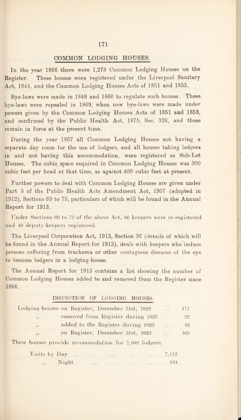 COMMON LODGING HOUSES. In the year 1866 there were 1,278 Common Lodging Houses on the Register. These houses were registered under the Liverpool Sanitary Act, 1844, and the Common Lodging Houses Acts of 1851 and 1853. Bye-laws were made in 1848 and 1860 to regulate such houses. These bye-laws were repealed in 1869, when new bye-laws were made under powers given by the Common Lodging Houses Acts of 1851 and 1853, and confirmed by the Public Health Act, 1875, Sec. 326, and these remain in force at the present time. During the year 1867 all Common Lodging Houses not having a separate day room for the use of lodgers, and all houses taking lodgers in and not having this accommodation, were registered as Sub-Let Houses. The cubic space required in Common Lodging Houses was 300 cubic feet per head at that time, as against 400 cubic feet at present. Further powers to deal with Common Lodging Houses are given under Part 5 of the Public Health Acts Amendment Act, 1907 (adopted in 1912), Sections 69 to 75, particulars of which will be found in the Annual Report for 1913. Under Sections 69 to 72 of the above Act, 66 keepers were re-registered and 49 deputy-keepers registered. The Liverpool Corporation Act, 1913, Section 36 (details of which will be found in the Annual Report for 1913), deals with keepers who induce persons suffering from trachoma or other contagious diseases of the eye to become lodgers in a lodging-house. The Annual Report for 1913 contains a list showing the number of Common Lodging Houses added to and removed from the Register since 1866. INSPECTION OE LODGING HOUSES. Lodging houses on Register, December 31st, 1922 171 removed from Register during 1923 22 added to the Register during 1923 16 1} on Register, December 31st, 1923 165 These houses provide accommodation for 7,098 lodgers. Visits by Day ... ... ... ... ... 7,112 ,, N ight ... ... ... ... 834
