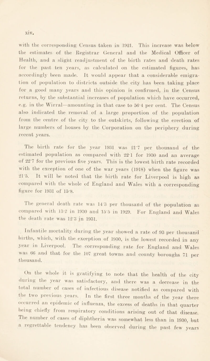 with the corresponding Census taken in 1921. This increase was below the estimates of the Registrar General and the Medical Officer of Health, and a slight readjustment of the birth rates and death rates for the past ten years, as calculated on the estimated figures, has accordingly been made. It would appear that a considerable emigra¬ tion of population to districts outside the city has been taking place for a good many years and this opinion is confirmed, in the Census returns, by the substantial increases of population which have occurred, e.g. in the Wirral—amounting in that case to 56-4 per cent. The Census also indicated the removal of a large proportion of the population from the centre of the city to the outskirts, following the erection of large numbers of houses by the Corporation on the periphery during recent years. The birth rate for the year 1931 was 21'7 per thousand of the estimated population as compared with 22T for 1930 and an average of 22'7 for the previous five years. This is the lowest birth rate recorded with the exception of one of the war years (1918) when the figure was 21 5. It will be noted that the birth rate for Liverpool is high as compared with the whole of England and Wales with a corresponding figure for 1931 of 15-8. I he general death rate was 14 3 per thousand of the population as compared with 13 2 in 1930 and 15'5 m 1929. For England and Wales the death rate wTas 12'3 in 1931. Infantile mortality during the year showed a rate of 93 per thousand births, which, with the exception of 1930, is the lowest recorded in any year in Liverpool. The corresponding rate for England and Wales was 60 and that for the 107 great towns and county boroughs 71 per thousand. On the whole it is gratifying to note that the health of the city duiing the year was satisfactory, and there was a decrease in the total number of cases of infectious disease notified as compared with the two previous years. In the first three months of the year there occupied an epidemic of influenza, the excess of deaths in that quarter being chiefly from respiratory conditions arising out of that disease. The number of cases of diphtheria was somewhat less than in 1930, but a legiettable tendency has been observed during the past few years