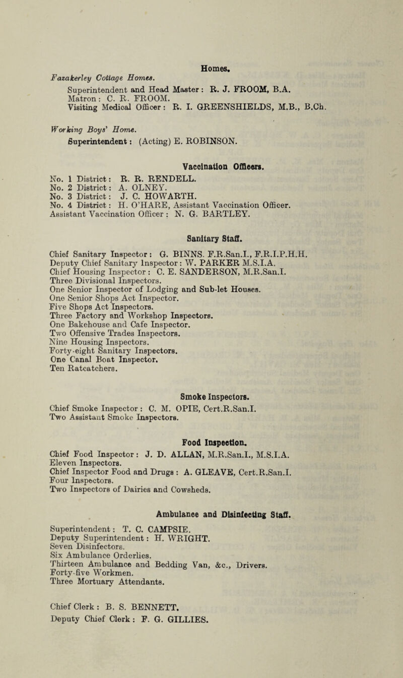 Homes. Fazakerley Cottage Homes. Superintendent and Head Master: R. J. FROOM, B.A. Matron: C. R. FROOM. Visiting Medical Officer: R. I. GREENSHIELDS, M.B., B.Ch. Working Boys' Home. Superintendent: (Acting) E. ROBINSON. Vaccination Officers. No. 1 District: R. R. RENDELL. No. 2 District: A. OLNEY. No. 3 District: J. C. HOWARTH. No. 4 District: H. O’HARE, Assistant Vaccination Officer. Assistant Vaccination Officer : N. G. BARTLEY. Sanitary Staff. Chief Sanitary Inspector : G. BINNS. F.R.San.I., F.R.I.P.H.H. Deputy Chief Sanitary Inspector: W. PARKER M.S.I.A. Chief Housing Inspector : C. E. SANDERSON, M.R.San.I. Three Divisional Inspectors. One Senior Inspector of Lodging and Sub-let Houses. One Senior Shops Act Inspector. Five Shops Act Inspectors. Three Factory and Workshop Inspectors. One Bakehouse and Cafe Inspector. Two Offensive Trades Inspectors. Nine Housing Inspectors. Forty-eight Sanitary Inspectors. One Canal Boat Inspector. Ten Ratcatchers. Smoke Inspectors. Chief Smoke Inspector : C. M. OPIE, Cert.R.San.I. Two Assistant Smoke Inspectors. Food Inspection. Chief Food Inspector: J. D. ALLAN, M.R.San.I., M.S.I.A. Eleven Inspectors. Chief Inspector Food and Drugs : A. GLEAVE, Cert.R.San.I. Four Inspectors. Two Inspectors of Dairies and Cowsheds. Ambulance and Disinfecting Staff. Superintendent: T. C. CAMPSIE. Deputy Superintendent: H. WRIGHT. Seven Disinfectors. Six Ambulance Orderlies. Thirteen Ambulance and Bedding Van, &c., Drivers. Forty-five Workmen. Three Mortuary Attendants. Chief Clerk: B. S. BENNETT. Deputy Chief Clerk : F. G. GILLIES.