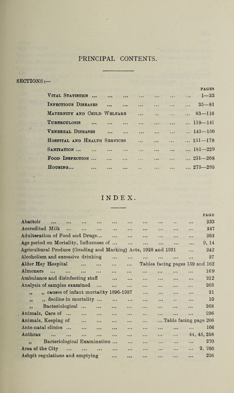 PRINCIPAL CONTENTS. SECTIONS:— Vital Statistics ... • • • • • • • * • • • • • • * PAGES 1—33 Infectious Diseases • • • • • • • • • ... ... 35—81 Maternity and Child W ELFARE • • • • • • ... ... 83—118 Tuberculosis • • • tii • « • • • • ... ... 119—141 Venereal Diseases • • • • • • • • • • • • ... ... 143—150 Hospital and Health Services • • • • • • ... ... 151—179 Sanitation. • • » • • • • • • • • • ... ... 181—229 Food Inspection ... • ■ • • # • • • • ... ... 231—268 Housing... • • • • • • ... 275—295 INDEX. PAGE Abattoir ... ... ... ... ... Accredited Milk Adulteration of Food and Drugs... Age period on Mortality, Influences of ... Agricultural Produce (Grading and Marking) Alcoholism and excessive drinking Alder Hey Hospital Almoners Ambulance and disinfecting staff Analysis of samples examined . ,, ,, causes of infant mortality 1896-193 ,, ,, decline in mortality ,, Bacteriological Animals, Care of ... Acts, 1928 and 1931 233 247 262 9, 14 242 ... ... ... ... 27 Tables facing pages 159 and 162 ... ... ... ... 169 ... ... ... ... 212 ... ... ... ... 263 21 • • » ••• ••• ••• A ... ... .. ... 10 . 268 ... ... ... ... 296 Animals, Keeping of Ante-natal clinics ... . Anthrax ... ... ... ... ... ,, Bacteriological Examination ... Area of the City ... . Ashpit regulations and emptying ... Table facing page 206 ... ... ... 106 . 44,45,258 . 270 . 2, 295 226