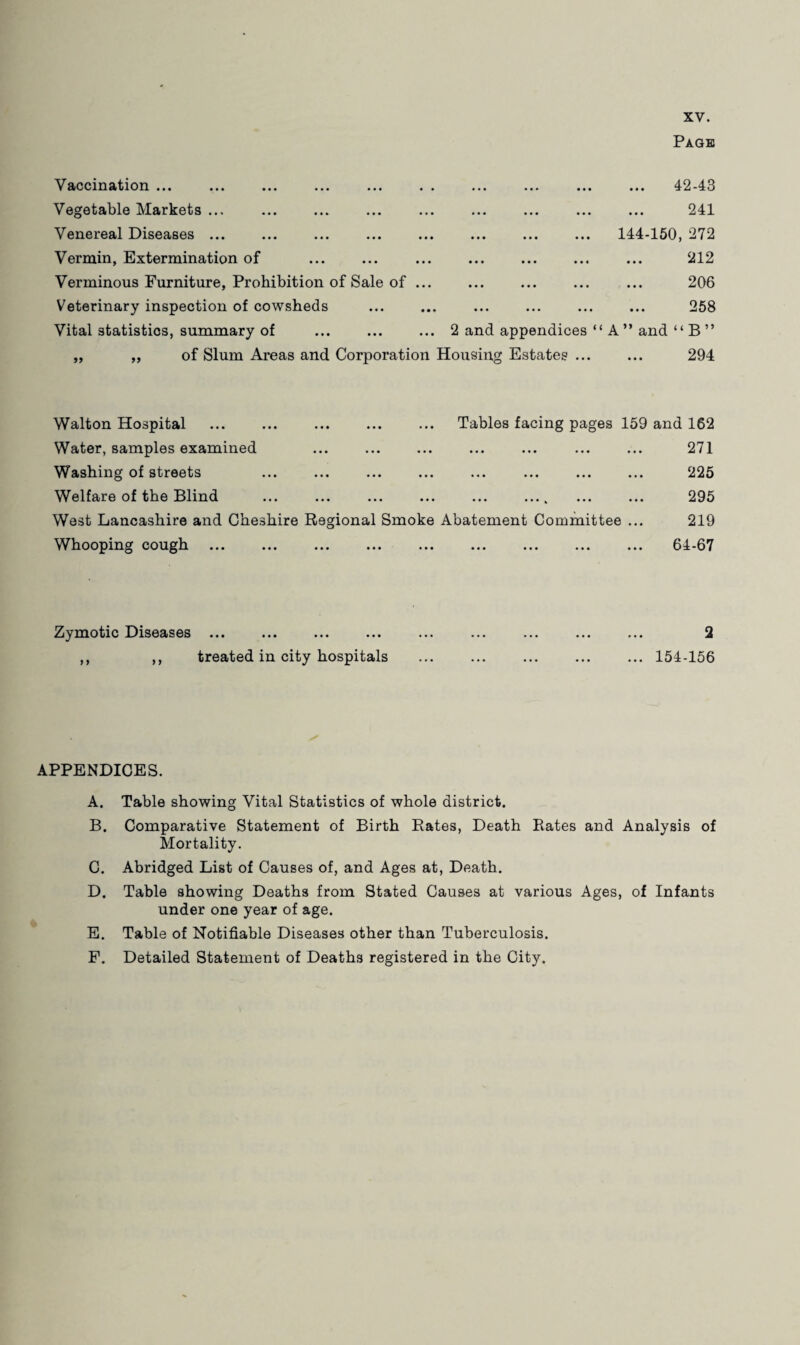 Page Vaccination ... ... ... ... ... . . ... ... ... ... 42-43 Vegetable Markets ... ... ... ... ... ... ... ... ... 241 Venereal Diseases ... ... ... ... ... ... ... ... 144-150, 272 Vermin, Extermination of ... ... ... ... ... ... ... 212 Verminous Furniture, Prohibition of Sale of ... ... ... ... ... 206 Veterinary inspection of cowsheds ... ... ... ... ... ... 258 Vital statistics, summary of ... ... ... 2 and appendices “ A ” and “ B ” „ „ of Slum Areas and Corporation Housing Estates ... ... 294 Walton Hospital . Tables facing pages 159 and 162 Water, samples examined ... ... ... ... ... ... ... 271 Washing of streets ... ... ... ... ... ... ... ... 225 Welfare of the Blind ... ... ... ... ... .... ... ... 295 West Lancashire and Cheshire Regional Smoke Abatement Committee ... 219 Whooping cough ... ... ... ... ... ... ... ... ... 64-67 Zymotic Diseases ... ... ... ... ... ... ... ... ... 2 ,, ,, treated in city hospitals ... ... ... ... ... 154-156 APPENDICES. A. Table showing Vital Statistics of whole district. B. Comparative Statement of Birth Rates, Death Rates and Analysis of Mortality. C. Abridged List of Causes of, and Ages at, Death. D. Table showing Deaths from Stated Causes at various Ages, of Infants under one year of age. E. Table of Notifiable Diseases other than Tuberculosis. F. Detailed Statement of Deaths registered in the City.