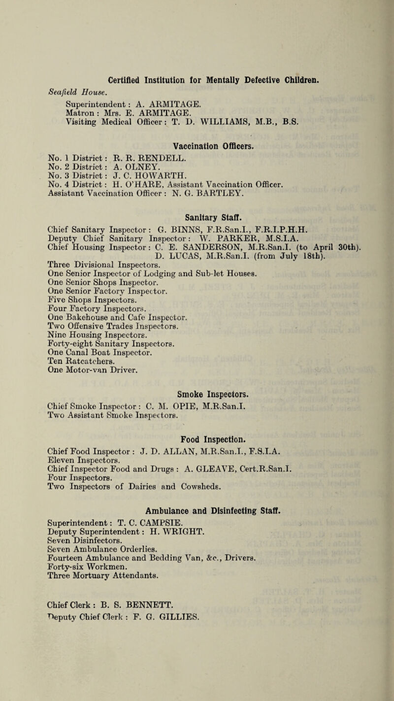 Certified Institution for Mentally Defective Children. Sea/ield House. Superintendent: A. ARMITAGE. Matron : Mrs. E. ARMITAGE. Visiting Medical Officer: T. D. WILLIAMS, M.B., B.S. Vaccination Officers. No. 1 District: R. R. RENDELL. No. 2 District: A. OLNEY. No. 3 District: J. C. HOWARTH. No. 4 District: H. O’HARE, Assistant Vaccination Officer. Assistant Vaccination Officer : N. G. BARTLEY. Sanitary Staff. Chief Sanitary Inspector: G. BINNS, F.R.San.I., F.R.I.P.H.H. Deputy Chief Sanitary Inspector: W. PARKER, M.S.I.A. Chief Housing Inspector : C. E. SANDERSON, M.R.San.I. (to April 30th). D. LUCAS, M.R.San.I. (from July 18th). Three Divisional Inspectors. One Senior Inspector of Lodging and Sub-let Houses. One Senior Shops Inspector. One Senior Factory Inspector. Five Shops Inspectors. Four Factory Inspectors. One Bakehouse and Cafe Inspector. Two Offensive Trades Inspectors. Nine Housing Inspectors. Forty-eight Sanitary Inspectors. One Canal Boat Inspector. Ten Ratcatchers. One Motor-van Driver. Smoke Inspectors. Chief Smoke Inspector : C. M. OPIE, M.R.San.I. Two Assistant Smoke Inspectors. Food Inspection. Chief Food Inspector : J. D. ALLAN, M.R.San.I., F.S.I.A. Eleven Inspectors. Chief Inspector Food and Drugs : A. GLEAVE, Cert.R.San.I. Four Inspectors. Two Inspectors of Dairies and Cowsheds. Ambulance and Disinfecting Staff. Superintendent: T. C. CAMPSIE. Deputy Superintendent: H. WRIGHT. Seven Disinfectors. Seven Ambulance Orderlies. Fourteen Ambulance and Bedding Van, &c., Drivers. Forty-six Workmen. Three Mortuary Attendants. Chief Clerk: B. S. BENNETT. Deputy Chief Clerk : F. G. GILLIES.