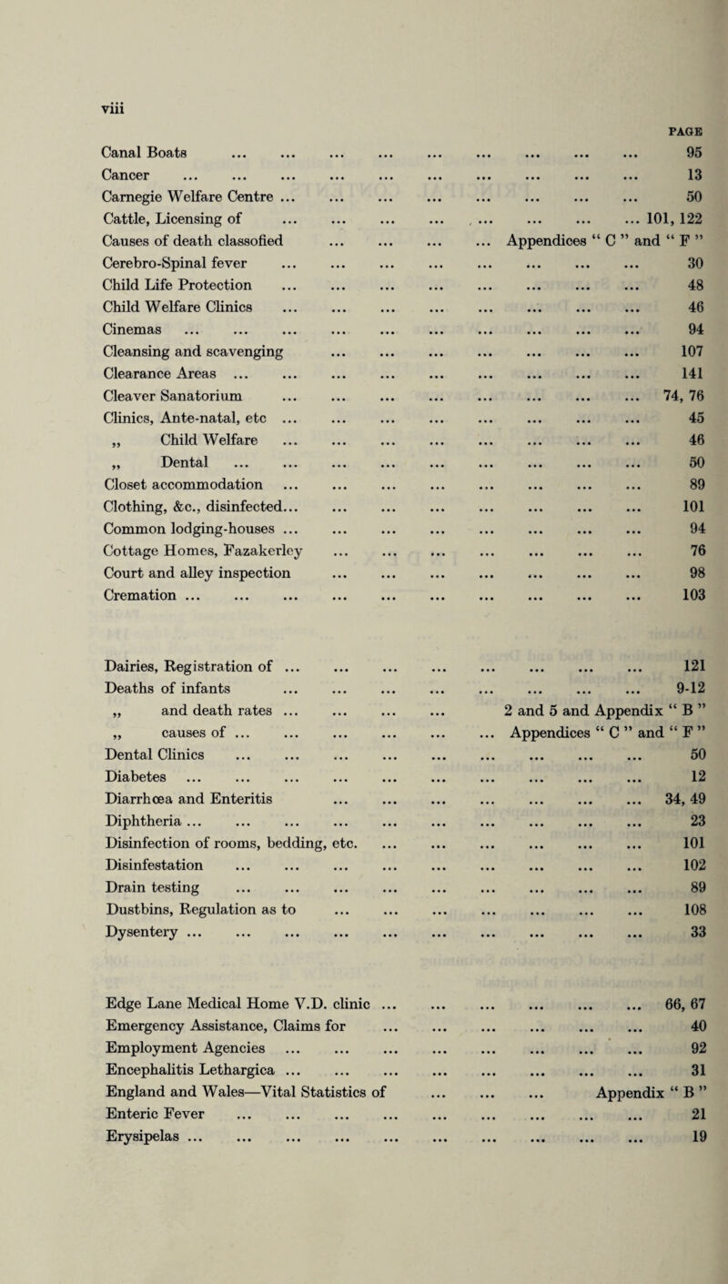 Canal Boats Cancer ... »»« • • • Carnegie Welfare Centre ... Cattle, Licensing of Causes of death classofied Cerebro-Spinal fever Child Life Protection Child Welfare Clinics Cinemas Cleansing and scavenging Clearance Areas ... Cleaver Sanatorium Clinics, Ante-natal, etc ... ,, Child Welfare „ Dental Closet accommodation Clothing, &c., disinfected... Common lodging-houses ... Cottage Homes, Fazakerley Court and alley inspection Cremation ... PAGE ... ... ... 95 ... ... ... 13 ... ... ... 50 . 101,122 Appendices “ C ” and “ F ” ... ... ... 30 ... ... ... 48 ... ... ... ... ... ... 04 ... ... ... 107 ... ... ... 141 ... ... ... 74, 76 ... ... ... 4o ... ... ... 46 ... ... ... 50 ... ... ... 89 ... ... ... 101 04 ••• ••• ••• OT ... ... ... 76 08 ... ... ... uu ... ... ... 103 Dairies, Registration of ... Deaths of infants „ and death rates ... ,, causes of ... Dental Clinics Diabetes Diarrhoea and Enteritis Diphtheria ... Disinfection of rooms, bedding, etc. Disinfestation Drain testing Dustbins, Regulation as to Dysentery ... 121 • •• ••• ••• ••• 0-12 • •• • • • ••• • • • V 2 and 5 and Appendix “ B ” ... Appendices “ C ” and “ F ” . 50 . 12 . 34,49 . 23 ... ... ... ... 101 . 102 . 89 ... ... ... ... 108 ... ... ... ... 33 Edge Lane Medical Home V.D. clinic ... Emergency Assistance, Claims for Employment Agencies . Encephalitis Lethargica ... England and Wales—Vital Statistics of Enteric Fever Erysipelas. ... 66, 67 40 92 31 Appendix “ B ” 21 19