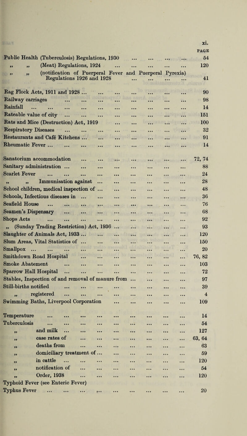 Public Health (Tuberculosis) Regulations, 1930 . ,, „ (Meat) Regulations, 1924 . „ „ (notification of Puerperal Fever and Puerperal Pyrexia) Regulations 1926 and 1928 . Rag Flock Acts, 1911 and 1928 ... Railway carriages Rainfall . Rateable value of city Rats and Mice (Destruction) Act, 1919 Respiratory Diseases Restaurants and Cafe Kitchens ... Rheumatic Fever. PAGE 54 120 41 90 98 14 151 100 32 91 14 • • • * * « • • • * * • i«• ••• ••• ••• • •• ** • Sanatorium accommodation Sanitary administration ... Scarlet Fever . „ „ Immunisation against ... School children, medical inspection of ... Schools, Infectious diseases in ... Seafield House . Seamen’s Dispensary . Shops Acts „ (Sunday Trading Restriction) Act, 1936 ... Slaughter of Animals Act, 1933 . Slum Areas, Vital Statistics of ... Smallpox ... ... ... ... ... ... Smithdown Road Hospital . Smoke Abatement Sparrow Hall H ospital Stables, Inspection of and removal of manure from Still-births notified „ registered Swimming Baths, Liverpool Corporation » • • • • • • • • • • • • •• ••• ••• • • • ••• ••• ••• • • • • • • ► • • • • • • • • • • • • • • • • • 72, 74 88 24 28 48 36 76 68 92 93 120 150 20 76, 82 103 72 97 39 4 109 Temperature Tuberculosis „ and milk ... ,, case rates of ... ... ,, deaths from „ domiciliary treatment of... ,, in cattle ... ... ... „ notification of . „ Order, 1938 Typhoid Fever (see Enteric Fever) Typhus Fever . ».. • • • • • • • • • • • • 14 54 127 63, 64 63 59 120 54 120 20