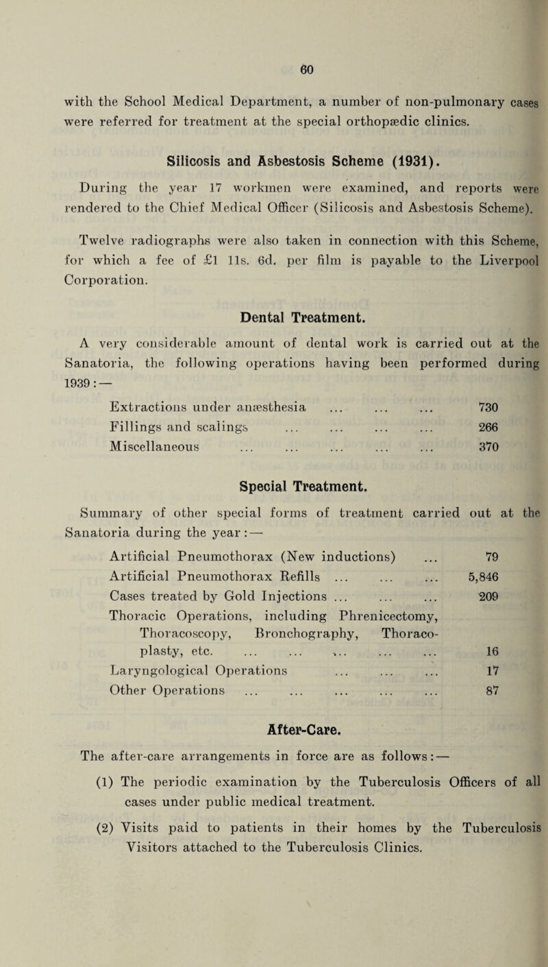 with the School Medical Department, a number of non-pulmonary cases were referred for treatment at the special orthopaedic clinics. Silicosis and Asbestosis Scheme (1931). During the year 17 workmen were examined, and reports were rendered to the Chief Medical Officer (Silicosis and Asbestosis Scheme). Twelve radiographs were also taken in connection with this Scheme, for which a fee of £l 11s. 6d. per film is payable to the Liverpool Corporation. Dental Treatment. A very considerable amount of dental work is carried out at the Sanatoria, the following operations having been performed during 1939 : — Extractions under anesthesia ... ... ... 730 Fillings and scalings ... ... ... ... 266 Miscellaneous ... ... ... ... ... 370 Special Treatment. Summary of other special forms of treatment carried out at the Sanatoria during the year: — Artificial Pneumothorax (New inductions) ... 79 Artificial Pneumothorax Refills ... ... ... 5,846 Cases treated by Gold Injections ... ... ... 209 Thoracic Operations, including Phrenicectomy, Thoracoscopy, Bronchography, Thoraco¬ plasty, etc. ... ... ... ... ... 16 Laryngological Operations ... ... ... 17 Other Operations ... ... ... ... ... 87 After-Care. The after-care arrangements in force are as follows: — (1) The periodic examination by the Tuberculosis Officers of all cases under public medical treatment. (2) Visits paid to patients in their homes by the Tuberculosis Visitors attached to the Tuberculosis Clinics.