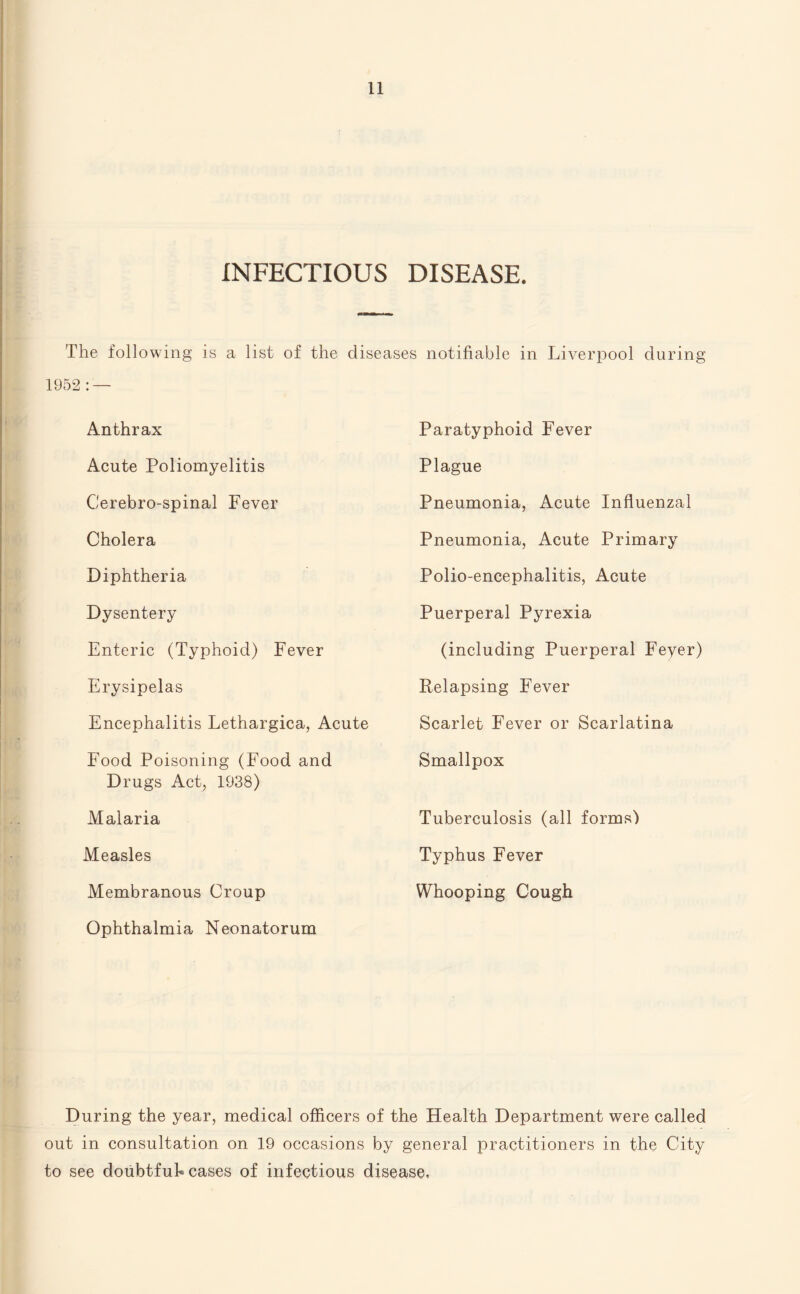 INFECTIOUS DISEASE. The following is a list of the diseases notifiable in Liverpool durin 1952 : — Anthrax Acute Poliomyelitis Cerebro-spinal Fever Cholera Diphtheria Dysentery Enteric (Typhoid) Fever Erysipelas Encephalitis Lethargica, Acute Food Poisoning (Food and Drugs Act, 1938) Malaria Measles Membranous Croup Ophthalmia Neonatorum Paratyphoid Fever Plague Pneumonia, Acute Influenzal Pneumonia, Acute Primary Polio-encephalitis, Acute Puerperal Pyrexia (including Puerperal Feyer) Relapsing Fever Scarlet Fever or Scarlatina Smallpox Tuberculosis (all forms) Typhus Fever Whooping Cough During the year, medical officers of the Health Department were called out in consultation on 19 occasions by general practitioners in the City to see doubtful* cases of infectious disease.