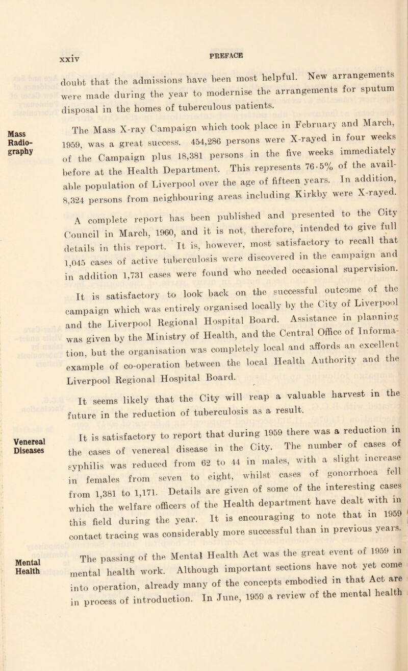 Mass Radio¬ graphy Venereal Diseases Mental Health doubt that the admissions have been most helpful. New arrangements were made during the year to modernise the arrangements for sputum disposal in the homes of tuberculous patients. The Mass X-ray Campaign which took place in Februat y and March, 1959, was a great success. 454,286 persons weie X-iayed in foui we of the Campaign plus 18,381 persons in the five weeks immediately before at the Health Department. This represents 76-5% of the aval - able population of Liverpool over the age of fifteen years. In addition 8,324 persons from neighbouring areas including Kirkby were X-rayed. A complete report has been published and presented to the City Council in March, I960, and it is not, therefore, intended to give full details in this report. It is, however, most satisfactory to recall that 1 045 cases of active tuberculosis were discovered in the campaign anil in addition 1,731 cases were found who needed occasional supervision. It is satisfactory to look back on the successful outcome of the campaign which was entirely organised locally by the City of Liverpool and the Liverpool Regional Hospital Board. Assistance in planning was given by the Ministry of Health, and the Central Office of Informa¬ tion, but the organisation was completely local and affords an excellent example of co-operation between the local Health Authority and tie Liverpool Regional Hospital Boaid. It seems likely that the City will reap a valuable harvest in the future in the reduction of tuberculosis as a result. It is satisfactory to report that during 1959 there was a reduction m the cases of venereal disease in the City. The number of cases of syphilis was reduced from 62 to 44 in males, with a slight increase in females from seven to eight, whilst cases of gonorrhoea fell from 1,381 to 1,171. Details are given of some of the interesting cases which the welfare officers of the Health department have dealt with m this field during the year. It is encouraging to note that in 1959 . contact tracing was considerably more successful than in previous years. The passing of the Mental Health Act was the great event of 1959 in mental health work. Although important sections have not yet come into operation, already many of the concepts embodied in that Act are in process of introduction. In June, 1959 a review of the mental health