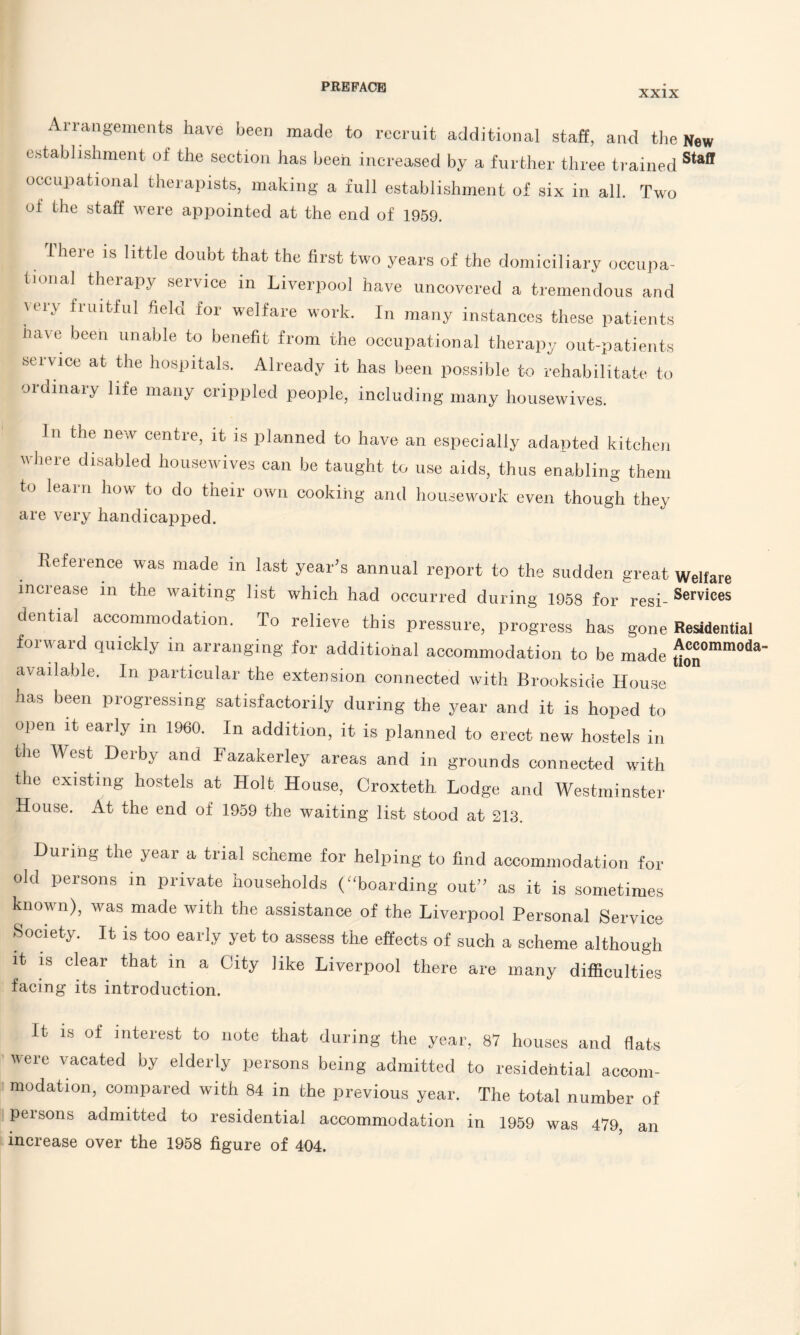 XXIX Arrangements have been made to recruit additional staff, and the New establishment of the section has been increased by a further three trained Staff occupational therapists, making a full establishment of six in all. Two of the staff were appointed at the end of 1959. There is little doubt that the first two years of the domiciliary occupa¬ tional therapy service in Liverpool have uncovered a tremendous and \ei\ fruitful held for welfare work. In many instances these patients iuue been unable to benefit from the occupational therapy out-patients service at the hospitals. Already it has been possible to rehabilitate to ordinary life many crippled people, including many housewives. In the new centre, it is planned to have an especially adapted kitchen where disabled housewives can be taught to use aids, thus enabling them to learn how to do their own cooking and housework even though they are very handicapped. Reference was made in last year’s annual report to the sudden great Welfare inciease in the waiting list which had occurred during 1958 for resi-Services dential accommodation. To relieve this pressure, progress has gone Residential forward quickly in arranging for additional accommodation to be made *c'0mm0lia- avadable. In particular the extension connected with Brookside House has been progressing satisfactorily during the year and it is hoped to open it early in 1960. In addition, it is planned to erect new hostels in the West Derby and Fazakerley areas and in grounds connected with the existing hostels at Holt House, Croxteth. Lodge and Westminster House. At the end of 1959 the waiting list stood at 213. During the year a trial scheme for helping to find accommodation for old persons in private households (“boarding out” as it is sometimes known), was made with the assistance of the Liverpool Personal Service Society. It is too early yet to assess the effects of such a scheme although it is clear that in a City like Liverpool there are many difficulties facing its introduction. It is of interest to note that during the year, 87 houses and flats were vacated by elderly persons being admitted to residential accom¬ modation, compared with 84 in the previous year. The total number of persons admitted to residential accommodation in 1959 was 479, an increase over the 1958 figure of 404.