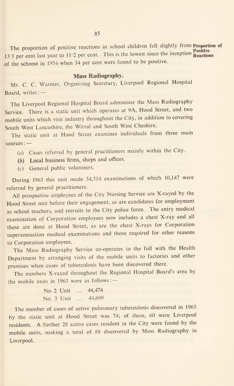 The proportion of positive reactions in school children fell slightly from Proportion of 13*3 per cent last year to 11*2 per cent. This is the lowest since the inception j^eacjjons of the scheme in 1954 when 34 per cent were found to be positive. Mass Radiography. Mr. C. C. Warmer, Organising Secretary, Liverpool Regional Hospital Board, writes: — The Liverpool Regional Hospital Board administer the Mass Radiography Service. There is a static unit which operates at 9A, Hood Street, and two mobile units which visit industry throughout the City, in addition to covering South West Lancashire, the Wirral and South West Cheshire. The static unit at Hood Street examines individuals from three main sources: — (a) Cases referred by general practitioners mainly within the City. (b) Local business firms, shops and offices. (c) General public volunteers. During 1963 this unit made 34,514 examinations of which 10,147 were referred by general practitioners. All prospective employees of the City Nursing Service are X-rayed by the Hood Street unit before their engagement, as are candidates for employment as school teachers, and recruits to the City police force. The entry medical examination of Corporation employees now includes a chest X-ray and all these are done at Hood Street, as are the chest X-rays for Corporation superannuation medical examinations and those requited for other reasons to Corporation employees. The Mass Radiography Service co-operates to the full with the Health Department by arranging visits of the mobile units to factories and other premises when cases of tuberculosis have been discovered there. The numbers X-rayed throughout the Regional Hospital Board’s area by the mobile units in 1963 were as follows: No 2 Unit ... 44,474 No. 3 Unit ... 44,699 The number of cases of active pulmonary tuberculosis discovered in 1963 by the static unit at Hood Street was 74; of these, 60 were Liverpool residents. A further 28 active cases resident in the City were found by the mobile units, making a total of 88 discovered by Mass Radiography in Liverpool,