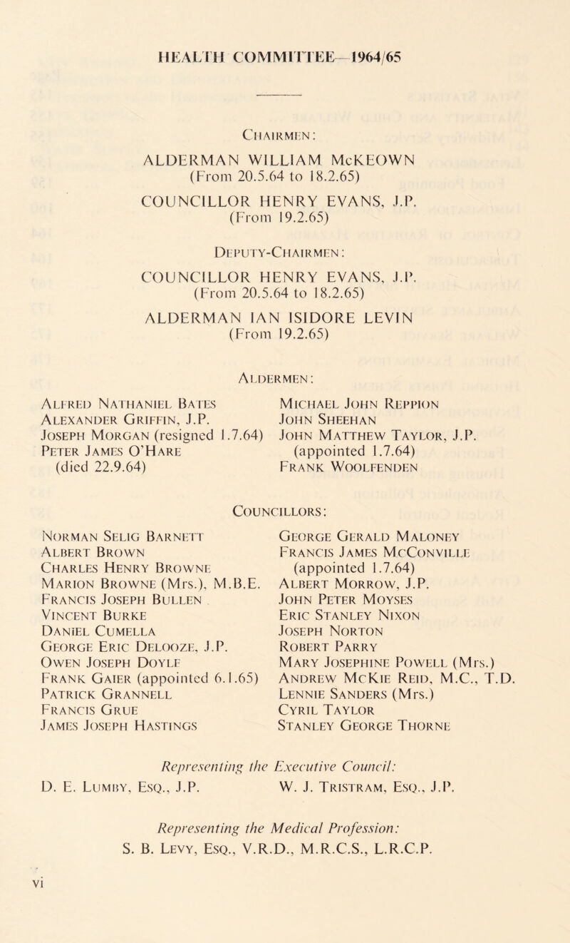 11EALTH COMMITTEE—1964/65 Chairmen : ALDERMAN WILLIAM McKEOWN (From 20.5.64 to 18.2.65) COUNCILLOR HENRY EVANS, J.P. (From 19.2.65) Deputy-Chairmen : COUNCILLOR HENRY EVANS, J.P. (From 20.5.64 to 18.2.65) ALDERMAN IAN ISIDORE LEVIN (From 19.2.65) Aldermen: Alfred Nathaniel Bates Alexander Griffin, J.P. Joseph Morgan (resigned 1.7.64) Peter James O’Hare (died 22.9.64) Michael John Reppion John Sheehan John Matthew Taylor, J.P, (appointed 1.7.64) Frank Woolfenden Councillors: Norman Selig Barnett Albert Brown Charles Henry Browne Marion Browne (Mrs.), M.B.E, Francis Joseph Bullen Vincent Burke Daniel Cumella George Eric Delooze, J.P. Owen Joseph Doyle Frank Gaier (appointed 6.1.65) Patrick Grannell Francis Grue James Joseph Hastings George Gerald Maloney Francis James McConville (appointed 1.7.64) Albert Morrow, J.P, John Peter Moyses Eric Stanley Nixon Joseph Norton Robert Parry Mary Josephine Powell (Mrs.) Andrew McKie Reid, M.C., T.D, Lennie Sanders (Mrs.) Cyril Taylor Stanley George Thorne Representing the Exeeutive Couneil: D. E. Lumby, Esq., J.P. W. J. Tristram, Esq., J.P. Representing the Medical Profession: S. B. Levy, Esq., V.R.D., M.R.C.S., L.R.C.P.