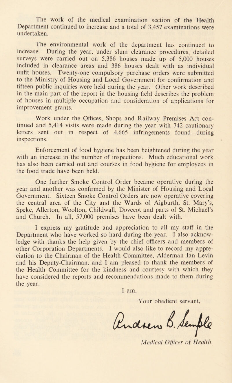 The work of the medical examination section of the Health Department continued to increase and a total of 3,457 examinations were undertaken. The environmental work of the department has continued to increase. During the year, under slum clearance procedures, detailed surveys were carried out on 5,386 houses made up of 5,000 houses included in clearance areas and 386 houses dealt with as individual unfit houses. Twenty-one compulsory purchase orders were submitted to the Ministry of Housing and Local Government for confirmation and fifteen public inquiries were held during the year. Other work described in the main part of the report in the housing field describes the problem of houses in multiple occupation and consideration of applications for improvement grants. Work under the Offices, Shops and Railway Premises Act con¬ tinued and 5,414 visits were made during the year with 742 cautionary letters sent out in respect of 4,665 infringements found during inspections. Enforcement of food hygiene has been heightened during the year with an increase in the number of inspections. Much educational work has also been carried out and courses in food hygiene for employees in the food trade have been held. One further Smoke Control Order became operative during the year and another was confirmed by the Minister of Housing and Local Government. Sixteen Smoke Control Orders are now operative covering the central area of the City and the Wards of Aigburth, St. Mary’s, Speke, Allerton, Woolton, Childwall, Dovecot and parts of St. Michael’s and Church. In all, 57,000 premises have been dealt with. I express my gratitude and appreciation to all my staff in the Department who have worked so hard during the year. I also acknow¬ ledge with thanks the help given by the chief officers and members of other Corporation Departments. I would also like to record my appre¬ ciation to the Chairman of the Health Committee, Alderman Ian Levin and his Deputy-Chairman, and I am pleased to thank the members of the Health Committee for the kindness and courtesy with which they have considered the reports and recommendations made to them during the year. I am. Your obedient servant, Medical Officer of Health.