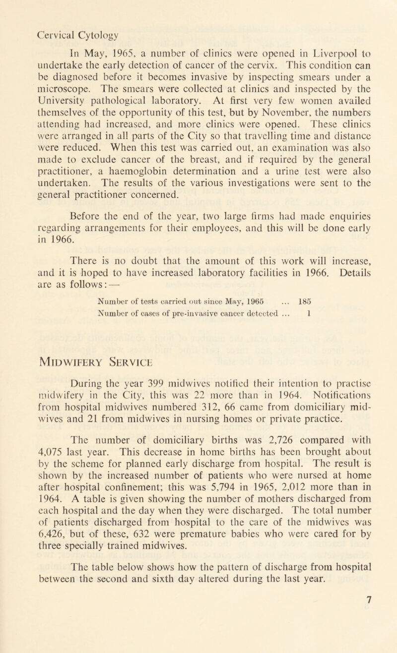Cervical Cytology In May, 1965, a number of clinics were opened in Liverpool to undertake the early detection of cancer of the cervix. This condition can be diagnosed before it becomes invasive by inspecting smears under a microscope. The smears were collected at clinics and inspected by the University pathological laboratory. At first very few women availed themselves of the opportunity of this test, but by November, the numbers attending had increased, and more clinics were opened. These clinics were arranged in all parts of the City so that travelling time and distance were reduced. When this test was carried out, an examination was also made to exclude cancer of the breast, and if required by the general practitioner, a haemoglobin determination and a urine test were also undertaken. The results of the various investigations were sent to the general practitioner concerned. Before the end of the year, two large firms had made enquiries regarding arrangements for their employees, and this will be done early in 1966. There is no doubt that the amount of this work will increase, and it is hoped to have increased laboratory facilities in 1966. Details are as follows: — Number of tests carried out since May, 1965 ... 185 Number of cases of pre-invasive cancer detected ... 1 Midwjfery Service During the year 399 midwives notified their intention to practise midwifery in the City, this was 22 more than in 1964. Notifications from hospital midwives numbered 312, 66 came from domiciliary mid¬ wives and 21 from midwives in nursing homes or private practice. The number of domiciliary births was 2,726 compared with 4,075 last year. This decrease in home births has been brought about by the scheme for planned early discharge from hospital. The result is shown by the increased number of patients who were nursed at home after hospital confinement; this was 5,794 in 1965, 2,012 more than in 1964. A table is given showing the number of mothers discharged from each hospital and the day when they were discharged. The total number of patients discharged from hospital to the care of the midwives was 6,426, but of these, 632 were premature babies who were cared for by three specially trained midwives. The table below shows how the pattern of discharge from hospital between the second and sixth day altered during the last year.
