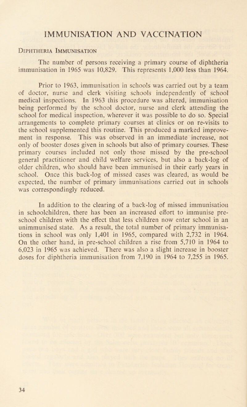 IMMUNISATION AND VACCINATION Diphtheria Immunisation The number of persons receiving a primary course of diphtheria immunisation in 1965 was 10,829. This represents 1,000 less than 1964. Prior to 1963, immunisation in schools was carried out by a team of doctor, nurse and clerk visiting schools independently of school medical inspections. In 1963 this procedure was altered, immunisation being performed by the school doctor, nurse and clerk attending the school for medical inspection, wherever it was possible to do so. Special arrangements to complete primary courses at clinics or on re-visits to the school supplemented this routine. This produced a marked improve¬ ment in response. This was observed in an immediate increase, not only of booster doses given in schools but also of primary courses. These primary courses included not only those missed by the pre-school general practitioner and child welfare services, but also a back-log of older children, who should have been immunised in their early years in school. Once this back-log of missed cases was cleared, as would be expected, the number of primary immunisations carried out in schools was correspondingly reduced. In addition to the clearing of a back-log of missed immunisation in schoolchildren, there has been an increased effort to immunise pre¬ school children with the effect that less children now enter school in an unimmunised state. As a result, the total number of primary immunisa¬ tions in school was only 1,401 in 1965, compared with 2,732 in 1964. On the other hand, in pre-school children a rise from 5,710 in 1964 to 6,023 in 1965 was achieved. There was also a slight increase in booster doses for diphtheria immunisation from 7,190 in 1964 to 7,255 in 1965.
