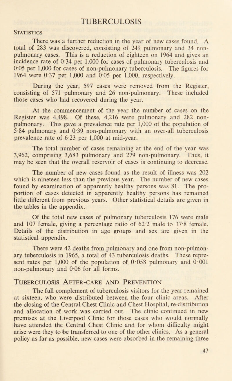 TUBERCULOSIS Statistics There was a further reduction in the year of new cases found. A total of 283 was discovered, consisting of 249 pulmonary and 34 non- pulmonary cases. This is a reduction of eighteen on 1964 and gives an incidence rate of 0 34 per 1,000 for cases of pulmonary tuberculosis and 0 05 per 1,000 for cases of non-pulmonary tuberculosis. The figures for 1964 were 0 37 per 1,000 and 0 05 per 1,000, respectively. During the' year, 597 cases were removed from the Register, consisting of 571 pulmonary and 26 non-pulmonary. These included those cases who had recovered during the year. At the commencement of the year the number of cases on the Register was 4,498. Of these, 4,216 were pulmonary and 282 non- pulmonary. This gave a prevalence rate per 1,000 of the population of 5-84 pulmonary and 0-39 non-pulmonary with an over-all tuberculosis prevalence rate of 6 23 per 1,000 at mid-year. The total number of cases remaining at the end of the year was 3,962, comprising 3,683 pulmonary and 279 non-pulmonary. Thus, it may be seen that the overall reservoir of cases is continuing to decrease. The number of new cases found as the result of illness was 202 which is nineteen less than the previous year. The number of new cases found by examination of apparently healthy persons was 81. The pro¬ portion of cases detected in apparently healthy persons has remained little different from previous years. Other statistical details are given in the tables in the appendix. Of the total new cases of pulmonary tuberculosis 176 were male and 107 female, giving a percentage ratio of 62 2 male to 37 8 female. Details of the distribution in age groups and sex are given in the statistical appendix. There were 42 deaths from pulmonary and one from non-pulmon¬ ary tuberculosis in 1965, a total of 43 tuberculosis deaths. These repre¬ sent rates per 1,000 of the population of 0 058 pulmonary and 0 001 non-pulmonary and 0 06 for all forms. Tuberculosis After-care and Prevention The full complement of tuberculosis visitors for the year remained at sixteen, who were distributed between the four clinic areas. After the closing of the Central Chest Clinic and Chest Hospital, re-distribution and allocation of work was carried out. The clinic continued in new premises at the Liverpool Clinic for those cases who would normally have attended the Central Chest Clinic and for whom difficulty might arise were they to be transferred to one of the other clinics. As a general policy as far as possible, new cases were absorbed in the remaining three