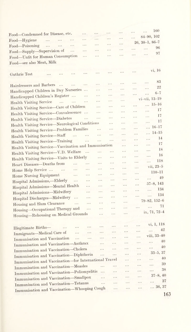 Food—Condemned for Disease, etc. Food—Hygiene . Food—Poisoning . Food—Supply—Supervision of Food_Unfit for Human Consumption Food—see also Meat, Milk 160 . 84-90, 102 26, 30-1, 86-7 96 97 Guthrie Test vi, 16 83 Hairdressers and Barbers ... 22 Handicapped Children in Day Nurseries ... 6-7 Handicapped Children’s Register. vi-vii, 13-19 Health Visiting Service . 15-16 Health Visiting Service—Care of Children 17 Health Visiting Service—Convalescence. 17 Health Visiting Service—Diabetes . 17 1 17 Health Visiting Service—Neurological Conditions Health Visiting Service—Problem Families . ... . . . AO 1 < 14-15 Health Visiting Service—Staff . 14 Health Visiting Service—Training . 17 18 Health Visiting Service—Vaccination and Immunisation Health Visiting Service—V.D. Welfare . 16 Health Visiting Service Visits to Elderly ... • • • 118 Heart Diseases—Deaths from . vii, 23-5 Home Help Service. 110-11 Home Nursing Equipment . 49 Hospital Admissions,—Elderly . 57-8 143 Hospital Admissions—Mental Health . 134 Hospital Admissions—Midwifery 134 Hospital Discharges—Midwifery. 79-82, 152-6 Housing and Slum Clearance 71 Housing—Occupational Therapy and . ix, 71, 72-4 Housing—Rehousing on Medical Grounds . Illegitimate Births— Immigrants—Medical Care of Immunisation and Vaccination Immunisation and Vaccination—Anthrax Immunisation and Vaccin ation—Cholera Immunisation and Vaccination—Diphtheria • • • Immunisation and Vaccination—for International Travel Immunisation and Vaccination—Measles Immunisation and Vaccination—Poliomyelitis. Immunisation and Vaccination Smallpox Immunisation and Vaccination Tetanus Immunisation and Vaccination—Whooping Cough vi, 1, 118 42 viii, 33-40 40 40 33-5, 37 40 39 38 37-8, 40 37 ... 36, 37