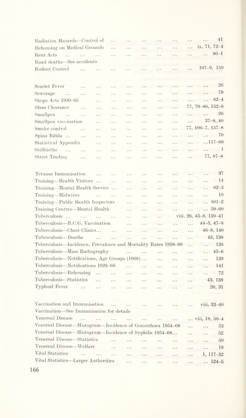 Radiation Hazards—Control of ... 41 Rehousing on Medical Grounds ... ix, 71, 72-4 Rent Acts Road deaths—See accidents ... ... ... ... 80-1 Rodent Control ... 107-9, 159 Scarlet Fever ... ... ... 26 Sewerage ... 79 Shops Acts 1950-65 ... ... 82-4 Slum Clearance . 77, 79-80, 152-6 Smallpox ... 26 Smallpox vaccination ... 37-8, 40 Smoke control . 77, 106-7, 157-8 Spina Bifida ... ... 70 Statistical Appendix ... ...117-60 Stillbirths ... 1 Street Trading ... 77, 87-8 Tetanus Immunisation 37 Training—Health Visitors ... ... 14 Training—Mental Health Service ... ... ... 62-3 Training—Mid wives ... 10 Training—Public Health Inspectors ... ... 101-2 Training Centres—Mental Health ... ... 59-60 Tuberculosis ... viii, 26, 43-8, 139-41 Tuberculosis—B.C.G. Vaccination ... ... ... 44-5, 47-8 Tuberculosis—Chest Clinics... ... ... ... 46-8, 140 Tuberculosis—Deaths ... ... ... 43, 138 Tuberculosis—Incidence, Prevalence and Mortality Rates 1958-68 ... 138 Tuberculosis—Mass Radiography ... ... ... 45-6 Tuberculosis—Notifications, Age Groups (1968) ... ... ... 139 Tuberculosis—Notifications 1928-68 ... ... ... 141 Tuberculosis—Rehousing ... ... ... 72 Tuberculosis—Statistics ... ... ... 43, 138 Typhoid Fever ... 26, 31 Vaccination and Immunisation Vaccination—See Immunisation for details ... viii, 33-40 Venereal Disease ... ... ... viii, 18, 50-4 Venereal Disease—Histogram—Incidence of Gonorrhoea 1954-68 53 Venereal Disease—-Histogram—-Incidence of Syphilis 1954-68... 52 Venereal Disease—Statistics ... ... ... 50 Venereal Disease—Welfare . 18 Vital Statistics ... ... ... 1, 117-32 Vital Statistics—Larger Authorities ... ... ... 124-5