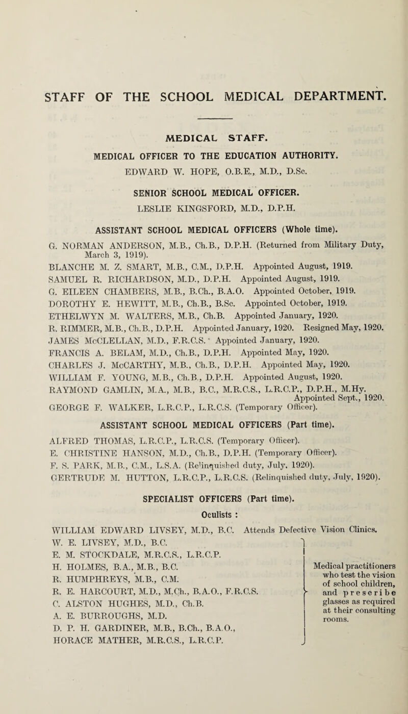 STAFF OF THE SCHOOL MEDICAL DEPARTMENT, MEDICAL STAFF. MEDICAL OFFICER TO THE EDUCATION AUTHORITY. EDWARD W. HOPE, O.B.E., M.D., D.Sc. SENIOR SCHOOL MEDICAL OFFICER. LESLIE KINGSFORD, M.D., D.P.H. ASSISTANT SCHOOL MEDICAL OFFICERS (Whole time). G. NORMAN ANDERSON, M.B., Ch.B., D.P.H. (Returned from Military Duty, March 3, 1919). BLANCHE M. Z. SMART, M.B., C.M., D.P.H. Appointed August, 1919. SAMUEL R. RICHARDSON, M.D., D.P.H. Appointed August, 1919. G. EILEEN CHAMBERS, M.B., B.Ch., B.A.O. Appointed October, 1919. DOROTHY E. HEWITT, M.B., Ch.B., B.Sc. Appointed October, 1919. ETHELWYN M. WALTERS, M.B., Ch.B. Appointed January, 1920. R. RIMMER, M.B., Ch.B., D.P.H. Appointed January, 1920. Resigned May, 1920. JAMES McCLELLAN, M.D., F.R.C.S. • Appointed January, 1920. FRANCIS A. BELAM, M.D., Ch.B., D.P.H. Appointed May, 1920. CHARLES J. MCCARTHY, M.B., Ch.B., D.P.H. Appointed May, 1920. WILLIAM F. YOUNG, M.B., Ch.B., D.P.H. Appointed August, 1920. RAYMOND GAMLIN, M.A., M.B., B.C., M.R.C.S., L.R.C.P., D.P.H., M.Hy. Appointed Sept., 1920. GEORGE F. WALKER, L.R.C.P., L.R.C.S. (Temporary Officer). ASSISTANT SCHOOL MEDICAL OFFICERS (Part time). ALFRED THOMAS, L.R.C.P., L.R.C.S. (Temporary Officer). E. CHRISTINE HANSON, M.D., Ch.B., D.P.H. (Temporary Officer). F. S. PARK, M.B., C.M., L.S.A. (Relinquished duty, July. 1920). GERTRUDE M. HUTTON, L.R.C.P., L.R.C.S. (Relinquished duty, July, 1920). SPECIALIST OFFICERS (Part time). Oculists : WILLIAM EDWARD LIVSEY, M.D., B.C. Attends Defective Vision Clinics. W. E. LIVSEY, M.D., B.C. E. M. STOCKDALE, M.R.C.S., L.R.C.P. H. HOLMES, B.A., M.B., B.C. R. HUMPHREYS, M.B., C.M. R. E. HARCOURT, M.D., M.Ch., B.A.O., F.R.C.S. C. ALSTON HUGHES, M.D., Ch.B. A. E. BURROUGHS, M.D. D. P. H. GARDINER, M.B., B.Ch., B.A.O., HORACE MATHER, M.R.C.S., L.R.C.P. Medical practitioners who test the vision of school children, and prescribe glasses as required at their consulting rooms.