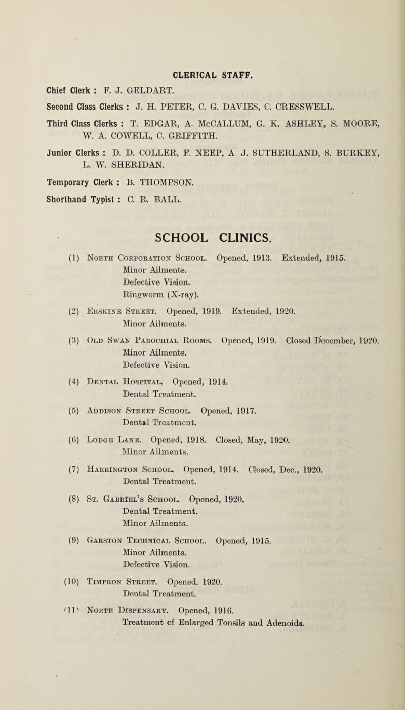 CLERICAL STAFF. Chief Clerk : F. J. GELDART. Second Class Clerks : J. H. PETER, C. G. DAVIES, C. CRESSWELL. Third Class Clerks : T. EDGAR, A. McCALLUM, G. K. ASHLEY, S. MOORE, W. A. COWELL, C. GRIFFITH. Junior Clerks : D. D. COLLER, F. NEEP, A J. SUTHERLAND, S. BURKEY, L. W. SHERIDAN. Temporary Clerk : B. THOMPSON. Shorthand Typist : C. R. BALL. SCHOOL CLINICS, (1) North Corporation School. Opened, 1913. Extended, 1915. Minor Ailments. Defective Vision. Ringworm (X-ray). (2) Erskine Street. Opened, 1919. Extended, 1920. Minor Ailments. (3) Old Swan Parochial Rooms. Opened, 1919. Closed December, 1920. Minor Ailments. Defective Vision. (4) Dental Hospital. Opened, 1914. Dental Treatment. (5) Addison Street School. Opened, 1917. Dental Treatment. (6) Lodge Lane. Opened, 1918. Closed, May, 1920. Minor Ailments. (7) Harrington School. Opened, 1914. Closed, Dec., 1920. Dental Treatment. (8) St. Gabriel’s School. Opened, 1920. Dental Treatment. Minor Ailments. (9) Garston Technical School. Opened, 1915. Minor Ailments. Defective Vision. (10) TrarRON Street. Opened. 1920. Dental Treatment. Ml' North Dispensary. Opened, 1916. Treatment cf Enlarged Tonsils and Adenoids.