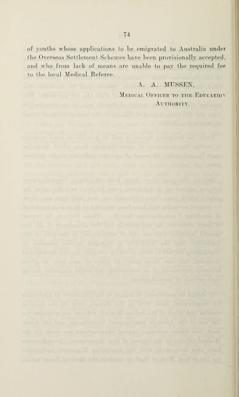 of youths whose applications to be emigrated to Australia under the Overseas Settlement Schemes have been provisionally accepted, and who from lack of means are unable to pay the required fee to the local Medical Referee. A. A. HITS SEN, Medical Officer to the Education Authority.