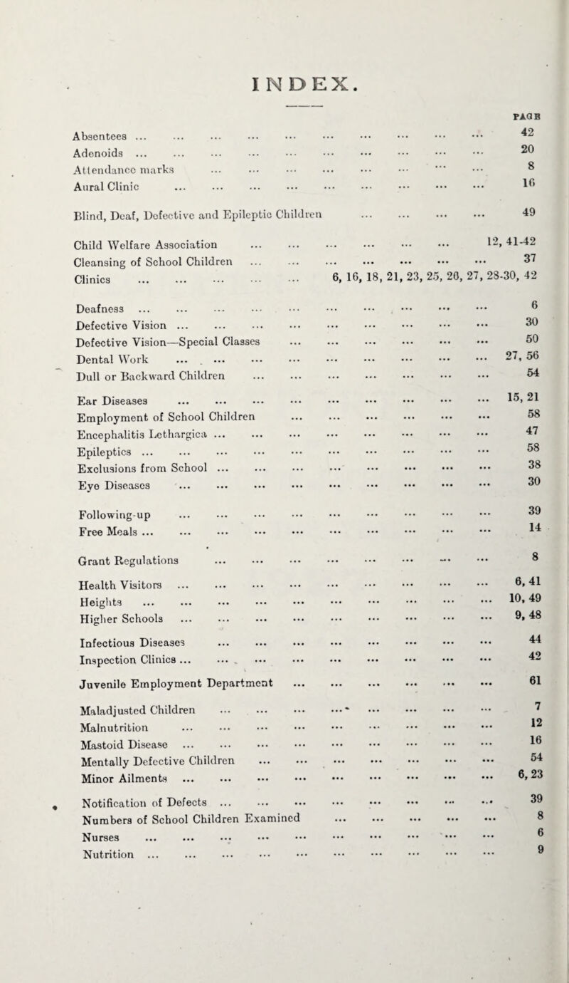 INDEX Absentees ... Adenoids Attendance marks Aural Clinic Blind, Deaf, Defective and Epileptic Childn Child Welfare Association Cleansing of School Children Clinics Deafness Defective Vision ... Defective Vision—Special Classes Dental Work Dull or Backward Children Ear Diseases Employment of School Children Encephalitis Lethargica ... Epileptics. Exclusions from School ... Eye Diseases ... Following-up . Free Meals ... ... ••• ••• ••• Grant Regulations Health Visitors . Heights . Higher Schools Infectious Diseases Inspection Clinics.. . Juvenile Employment Department Maladjusted Children . Malnutrition Mastoid Disease Mentally Defective Children Minor Ailments Notification of Defects Numbers of School Children Examined Nurses Nutrition ... PAQB . 42 . 20 . ••• ... 8 . lfi . 49 . 12,41-42 . 37 6, 16, 18, 21, 23, 25, 20, 27, 28-30, 42 . 6 . 30 . 50 . 27, 56 . 54 . 15, 21 . 58 . 47 . 58 . 38 . 30 . 39 . 14 . _. ... 8 . 6,41 . 10,49 . 9,48 . 44 . 42 . 61 . 7 . 12 . 16 . 54 . 6,23 . 39 . 8 . . 6 . 9