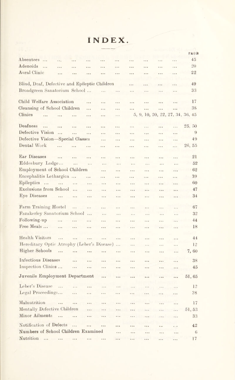 Absentees . Adenoids . Aural Clinic INDEX. Blind, Deaf, Defective and Epileptic Children Broadgreen Sanatorium School ... PAG B 45 20 22 49 32 Child Welfare Association Cleansing of School Children Clinics 17 3S 5, 9, 10, 20, 22, 27, 34, 36, 45 Deafness ..« ... ... .. Defective Vision ... Defective Vision—Special Classes Dental Work 25, 50 9 49 26, 55 Ear Diseases Eddesbury Lodge... Employment of School Children Encephalitis Lethargica ... Epileptics ... Exclusions from School ... Eye Diseases 21 52 62 39 60 47 34 Farm Training Hostel Fazakerley Sanatorium School Following-up Free Meals ... 67 32 44 18 Health Visitors Hereditary Optic Atrophy (Leber’s Disease) ... Higher Schools Infectious Diseases Inspection Clinics ... Juvenile Employment Department 44 12 7, 60 38 45 51, 65 Leber’s Disease Legal Proceedings... 12 38 Malnutrition Mentally Defective Children Minor Ailments Notification of Defects Numbers of School Children Examined Nutrition 17 51, 53 33 42 6 17