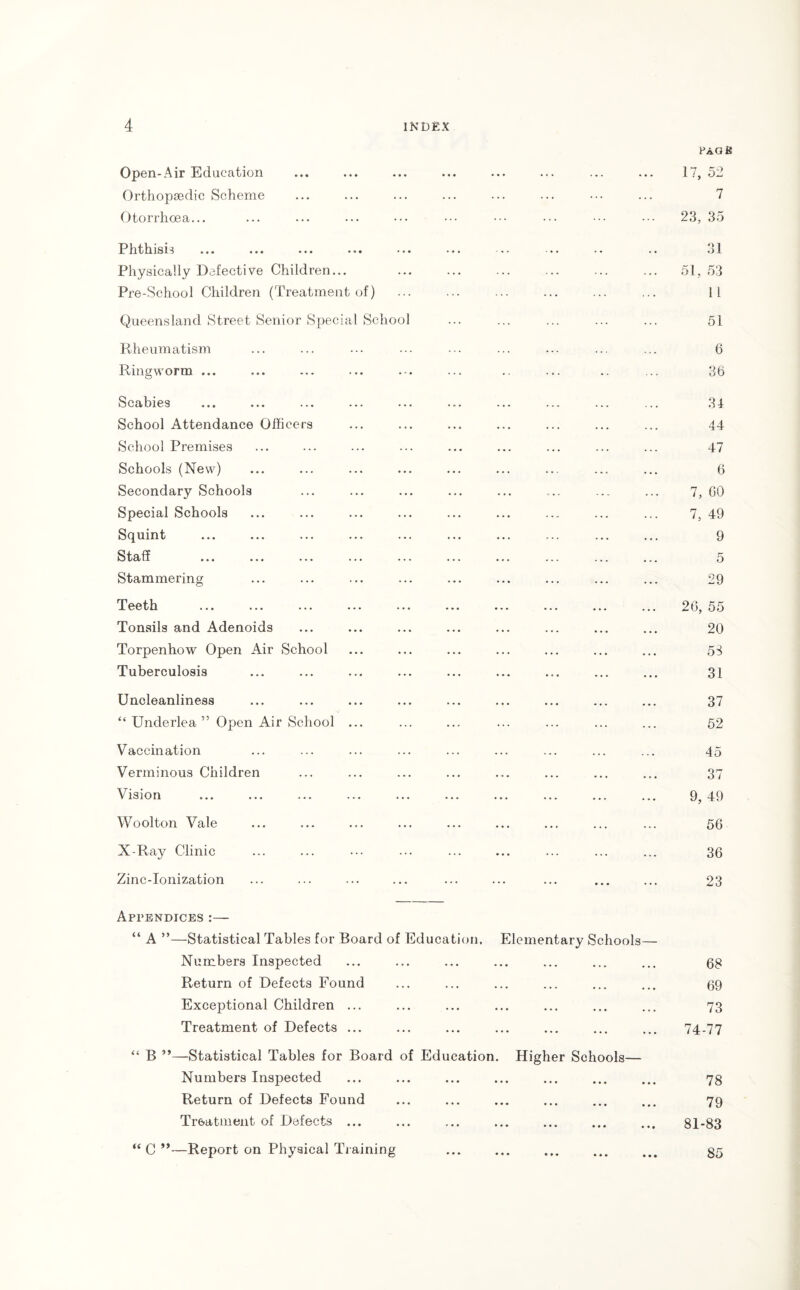 PAG i« Open-Air Education Orthopaedic Scheme Otorrhoea... 17, 52 7 23, 35 Phthisis ... ... ••• • • • Physically Defective Children... Pre-School Children (Treatment of) Queensland Street Senior Special School Rheumatism Ringworm ... Scabies School Attendance Officers School Premises Schools (New) Secondary Schools Special Schools Squint Staff Stammering Teeth Tonsils and Adenoids Torpenhow Open Air School Tuberculosis Uncleanliness “ Underlea ” Open Air School ... Vaccination Verminous Children Vision Woolton Vale X-Ray Clinic Zinc-Ionization 31 51, 53 11 51 6 36 34 44 47 6 7, GO 7, 49 9 5 29 26, 55 20 53 31 37 52 45 37 9, 49 56 36 23 Appendices :— “ A ”—Statistical Tables for Board of Education. Elementary Schools— Numbers Inspected ... ... ... ... ... ... ... 63 Return of Defects Found ... ... ... ... ... ... 69 Exceptional Children ... ... ... ... ... ... ... 73 Treatment of Defects ... ... ... ... ... ... ... 74-77 “ B ”—Statistical Tables for Board of Education. Higher Schools— Numbers Inspected ... ... ... ... ... ... ... 73 Return of Defects Found ... ... ... ... ... ... 79 Treatment of Defects. 81-83 “ C ”—Report on Physical Training . 35