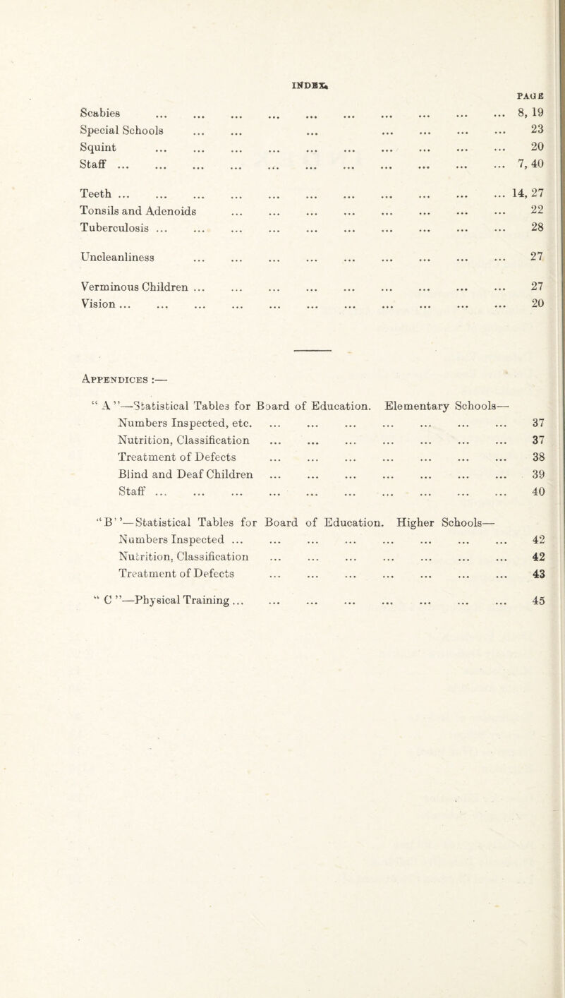 PACE Scabies Special Schools Squint Staff. 8, 19 23 20 7, 40 Teeth ... Tonsils and Adenoids Tuberculosis ... 14, 27 22 28 Uncleanliness 27 Verminous Children ... Vision ... 27 20 Appendices :— “A”—-Statistical Tables for Board of Education. Elementary Schools— Numbers Inspected, etc. Nutrition, Classification Treatment of Defects Blind and Deaf Children 1aff ... ... ... ... ... ... ... ... ... ... 37 37 38 39 40 “B’’—Statistical Tables for Board of Education Numbers Inspected ... Nutrition, Classification Treatment of Defects Higher Schools— “ C ”—Physical Training ... 42 42 43 45